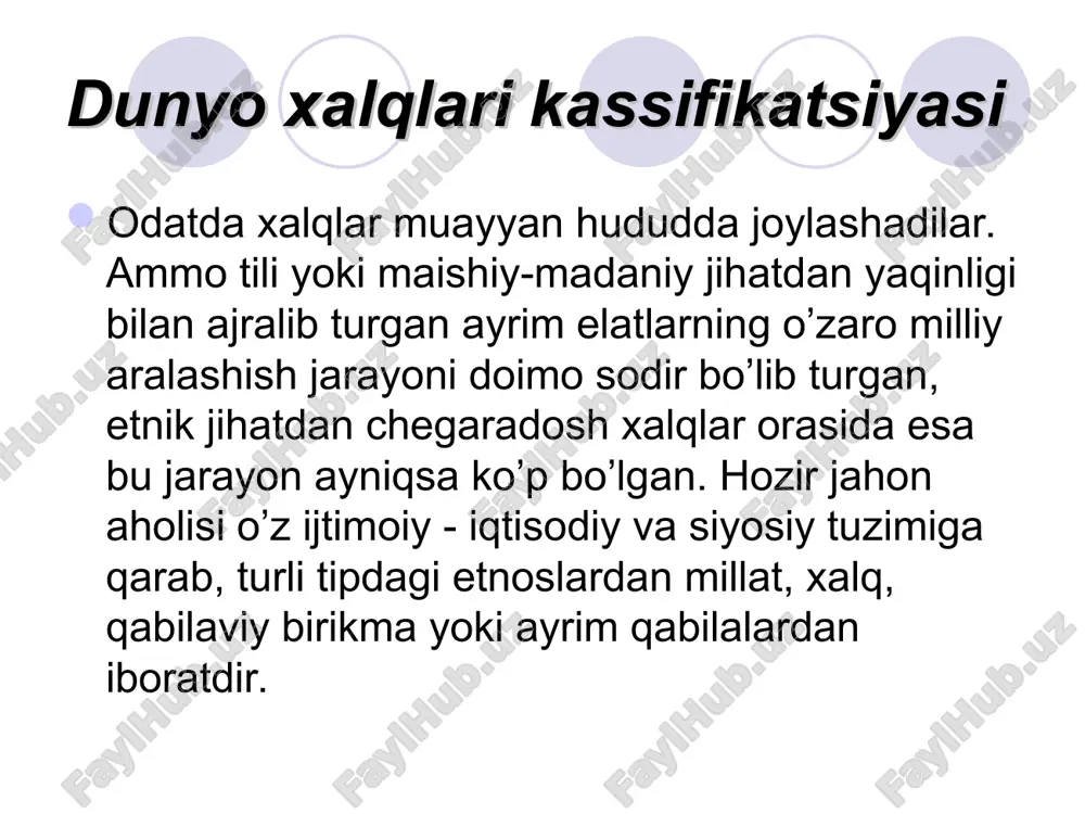 hkil qilganlar. jaxonda ikki tilli etnoslar ham kam emas, masalan, bir irqdagi belgiya va shveytsariya axolisi ikki yoki uch tilda gaplashadi. ilgari mustamlaka bo’lgan osiyo va afrika mamlakatlarining. deyarli hammasida ikki tip - mahalliy va rasmiy davllat tillari mavjud. hindistonda rasmiy hind tili bilan birga yuzlab boshqa tillar ham bor, pokistonda urdu, indoniziyada - baxsa-indonisiya, filippinda — tagalog, afrika mamlakatlarining ayrimlarida rasmiy ingliz yoki fransuz tillari bilan bir qatorda mahalliy xalq so’zlashadi. tillarning geografik chegaralari doimo o’zgarib turgan. agar arab tili paydo bo’lgan vaqtda (vii asrdan oldin) undan faqat arab yarim orolining janubidagina yashovchi qabilalar foydalangan bo’lsa, hozir bu tilda shimoliy afrika va janubiy-sharqiy osiyoda joylashgan juda ko’p xalqlar so’zlashadi. yoki ingliz tilini olsak, unda dastlab faqat britaniya orolidagi ahali so’zlashgan bo’lsa hozir yevropa va shimoliy amerika aholisining beshdan bir qismi avstraliya va yangi zellandiya xalqlari asosan shu tilda so’zlashadilar. kichkina pireniy yarim orolida paydo bo’lgan ispan tili hozir butun …