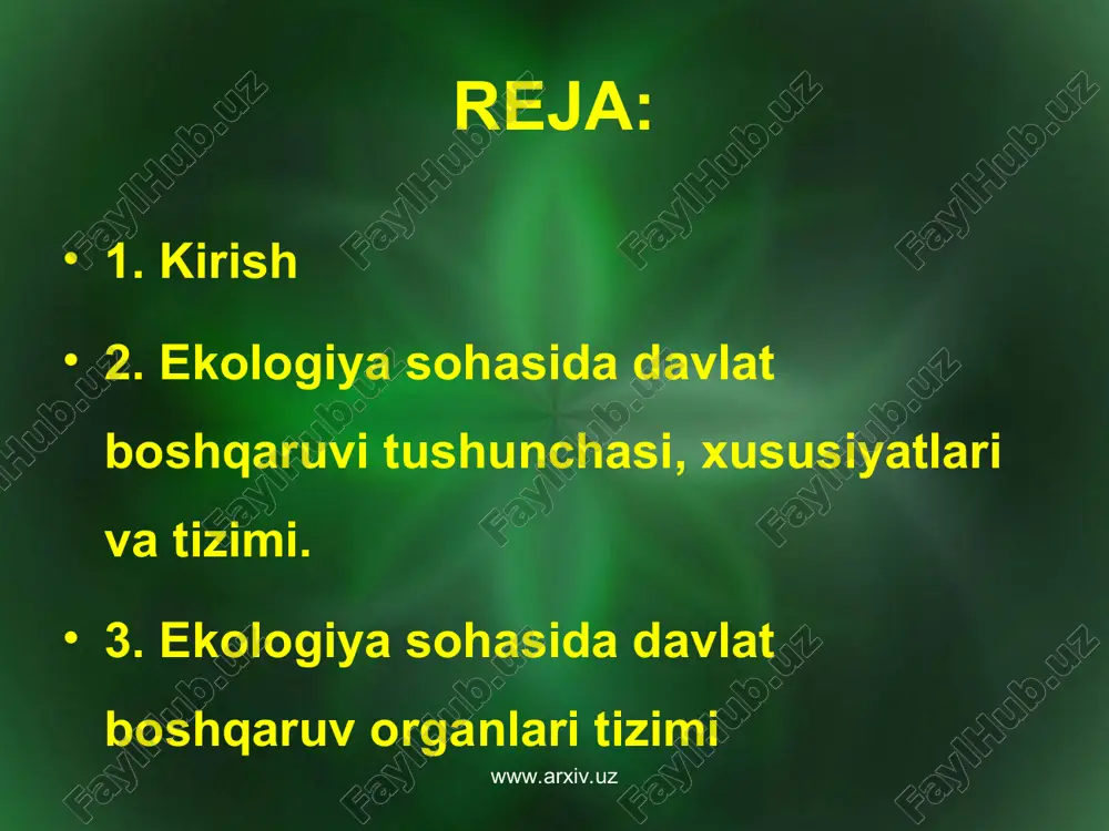 iladi. bundan tashqari, ekologiya sohasida davlat boshqaruvi organlari ham hududiy ham tarmoq bo`ysunishda shakllantiriladi, masalan, ushbu organlarning hududiy bo`linmalari respublika tarmoq organlari (tabiatni muhofaza qilish davlat qo`mitasi, qishloq va suv xo`jaligi vazirligi)ga hamda mahalliy davlat hokimiyati organlariga bo`ysunadilar; www.arxiv.uz www.arxiv.uz ekologiya masalalarini hal qilishda har tomonlama yondoshishga, ya'ni tabiiy resurslardan foydalanishni tashkil etishda ushbu foydalanishning oqilonaligi va atrof tabiiy muhitni muhofaza etishda respublika xalq xo`jaligi va aholini tabiiy resurslarga bo`lgan ehtiyojlarini qondirishni ta'minlash; www.arxiv.uz www.arxiv.uz ekologiya sohasida davlat boshqaruvini tashkil etishda tabiiy resurslardan foydalanish va nazorat qilishni ajratish, ya'ni ekologiya sohasida tabiiy resurslardan bevosita foydalanuvchilar nazorat qilish vakolatiga ega bo`lmasligida, ekologiya sohasida davlat boshqaruvi organlarini shakllantirish hamda ularni faoliyatlarini tashkil qilishda foydalanish va nazorat qilish vakolatlarini tartibga solishda ifodalanadi. masalan, qishloq va suv xo`jaligi vazirligi huzurida o`rmon xo`jaligi bosh boshqarmasi o`rmondan foydalanishni tashkil qiluvchi davlat organidir va uning korxona, tashkilotlari, o`rmon xo`jaliklari o`rmondan asosiy foydalanuvchilar bo`lib hisoblanadi. www.arxiv.uz www.arxiv.uz www.arxiv.uz …