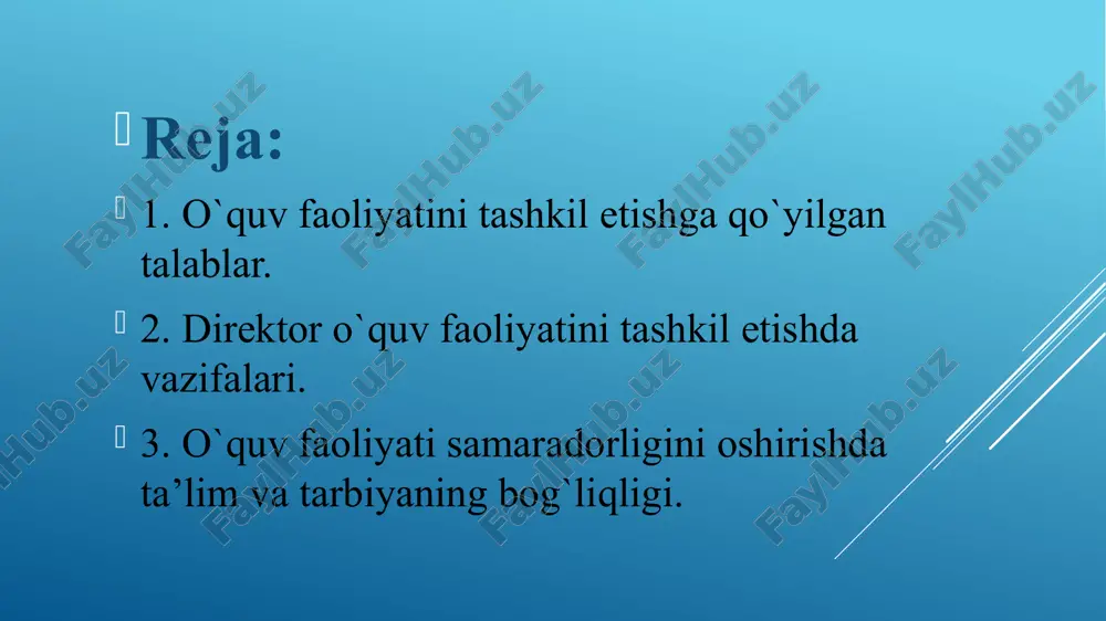 im mazmuniga hamda sifatiga qo’yiladigan talablarni belgilaydi. dtslarini bajarish o’zbekiston respublikasining barcha ta’lim muassasalari uchun majburiy me’yoriy hujjat. o’quv reja- mutaxassis shaxsi bilishi va o’zlashtirishi zarur deb belgilangan o’quv fanlari, ularni o’qitish uchun ajratilgan soatlar va o’quv yilining tuzilishini belgilab beruvchi davlat hujjati. o’quv dasturi- aniq bir fan uchun fanning maqsadi, o’quv rejasi bo’yicha ajratilgan soat va bilimlar hajmidan kelib chiqib tuzilgan va mavjud jamiyatning g’oyaviy-siyosiy yo’nalishini o’zida aks ettirgan davlat hujjati. darslik – bir fan doirasida belgilangan o’quv axborotlari, nazariy bilimlarning ilmiy-nazariy jihatdan yoritishga yo’naltirilgan me’yoriy hujjat. maktabning o‘quv ishlari bo‘yicha direktor o‘rinbosarining vazifalari maktabning o‘quv ishlari bo‘yicha direktor o‘rinbosari eng yaxshi va tajribali o‘qituvchilardan tayinlanadi. o‘quv ishlari bo‘yicha direktor o‘rinbosari maktabda ta’lim-tarbiya ishlarining barcha sohalarida rahbarning yordamchisidir. maktabning o‘quv ishlari bo‘yicha direktor o‘rinbosari o‘z ishi uchun bevosita maktab rahbari oldida javobgardir. u barcha ta’lim-tarbiya ishlarining to‘g‘ri olib borilishini, o‘quvchilar bilimining to‘g‘ri hisobga olinishini va o‘qitishning yuqori sifatli bo‘lishini …