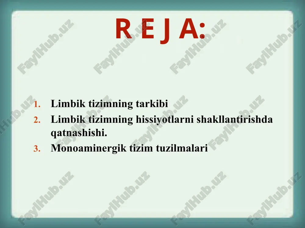 oqlarni, shuningdek, bosh miya po`stlog`ining bu tizimni boshqarib turuvchi qismini innervatsiyalaydi. difaminergik neyronlar tanalari o`rta miyaning ventral bo`limida joylashgan. qora substantsiyadagi neyronlar po`stloq osti yadrosi-po`choq, dumli yadrolarni va ularga yondosh yadrolarni innervatsiyalaydi. o`rtaroqdagi neyronlar esa, asosan limbik tizim tuzilishini, bodomsimon tana, to`siq va hid sezuvchi do`mboqlarni, shuningdek, bosh miya po`stlog`ining bu tizimni boshqarib turuvchi qismini innervatsiyalaydi. dofaminergik neyronlarning ko`pchilik nuksonlari noradrenergik neyronlar o`simtalari bilan oldingi miyaning medial tutamidan o`tadi. dofaminergik neyronlar gipotalamus ham topilgan bo`lib, rilizing-omillarni ajralishini ta`minlashda ishtirok etishi mumkin. umuman miyadagi dofaminergik tuzilmalarning ta`siri noradrenergik tuzilmalar ta`sirini tuzilish doirasidan kichikroq. serotoninergik neyronlarning somalari uzunchoq miyani o`rta aloqada bo`ladi, bu-ular bajaradigan funktsiyalarning takomillashishini ta`minlaydi e`tiboringiz uchun raxmat image4.jpeg image5.jpeg image6.jpeg image7.jpeg image8.jpeg image9.jpeg image10.jpeg image11.jpeg image12.jpeg image13.jpeg image14.jpeg image15.jpeg image16.jpeg image17.jpeg image18.jpeg image3.jpeg