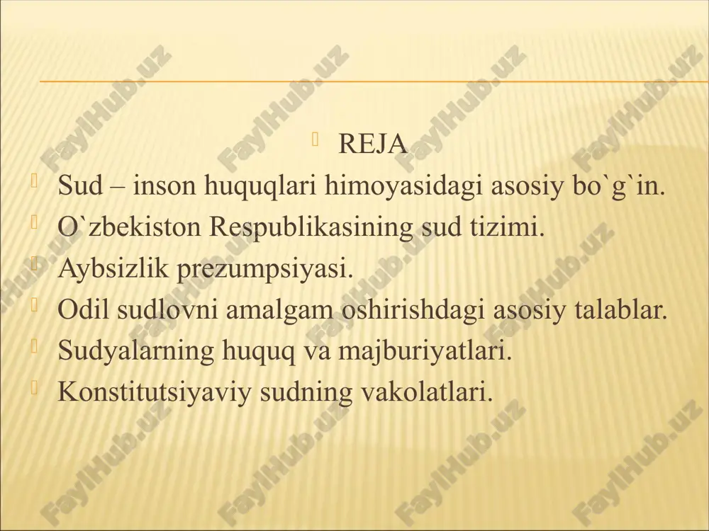 iy partiyalardan, boshqa jamoat birlashmalaridan mustaqil holda ish yuritadi. o`zbekiston respublikasida quyidagi sudlar faoliyat olib boradi: o`zbekiston respublikasi konstitutsiyaviy sudi; o`zbekiston respublikasi oliy sudi; o`zbekiston respublikasi oliy xo`jalik sudi; qoraqalpog`iston respublikasi fuqarolik va jinoiy ishlar bo`yicha oily sudlari,; fuqarolik va jinoiyat ishlari bo`yicha viloyat va toshkent shahar sudlari; fuqarolik ishlari bo`yicha tuman (shahar) sudlari; qoraqalpog`iston respublikasi xo`jalik sudi; viloyatlar va toshkent shahar xo`jalik sudlari; harbiy sudlar. o`zbekiston respublikasida sudlar ish kategoriyasiga ko`ra ixtisoslashtirilishi mumkin. favqulodda sudlar tuzilishiga yo`l qo`yilmaydi. o`zbekiston respublikasida sud ishlarini yuritish o`zbek, qoraqalpoq tillarida yoki o`sha hududdagi ko`pchilik aholi so`zlashadigan tilda olib boriladi. sud olib borilayotgan tilni bilmaydigan sud ishtirokchisi uchun tarjimon orqali sud materiallari bilan to`liq tanishish, sud harakatlarida qatnashish va o`z ona tilida so`zga chiqish huquqi ta`minlanadi. umumiy yurisdiksiya sudlariga quyidagilar kiradi: o`zbekiston respublikasi oliy sudi; qoraqalpog`iston respublikasi oliy sudi, viloyat sudi, toshkent shahar sudi; fuqarolik ishlari bo`yicha tumanlararo, tuman (shahar) sudi. jinoyat ishlari bo`yicha …
