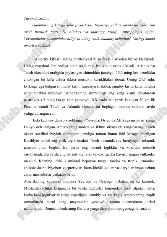 urni keng maymunlar yashaydi, ammo odamsimon turlari uchramaydi. demak, olimlarning fikricha yangi dunyo antropogenezga kirmaydi. usimlik dunyosi ancha boy va rang-barang. kit'aning kup madaniy usimliklari – makkajuxori yoki mais, kartofel, tomat, kakao kabilar uzining sifati va kishiga foydaliligi bilan eski dunyonikidan ustun turadi. amerika ba'zi foydali usimliklarning vatani xam xisoblanadi. uning bagridagi xilma-xil kazilma boyliklar xozirgi ilmiy-texnika tarakkiyotiga juda kul keladi. yangi dunyoning axoli soni 1980 yilda 600 millionga yetdi. shundan 250 millionshga yakini shimoliy amerikada, 350 millioni latin amerikasida yashaydi. yevropaliklar kelish arafasida kit'ada turli ijtimoiy tarakkiyot pogonasida uzaro yakin karindosh bulgan indeys kabila, elat va xalklari yashagan. ularning kupchiligi meksikaning janubiy kismi, markaziy amerika va and toglarida joylashgan bulib, yuksak dexkonchilik madaniyati yaratgan, yukori ijtimoiy-iktisodiy darajada turgan xalklarning juda katta territoriyasida tarkok xolda joylashgan kam sonli mayda kabilalar terimchilik, ovchilik va balikchilik bilan shugullanib ibtidoiy-jamoa tuzumidan kutarilmagan. amerikaning kashf etilishi arafasida uning tub axolisi taxminan 80-90 million kishiga …