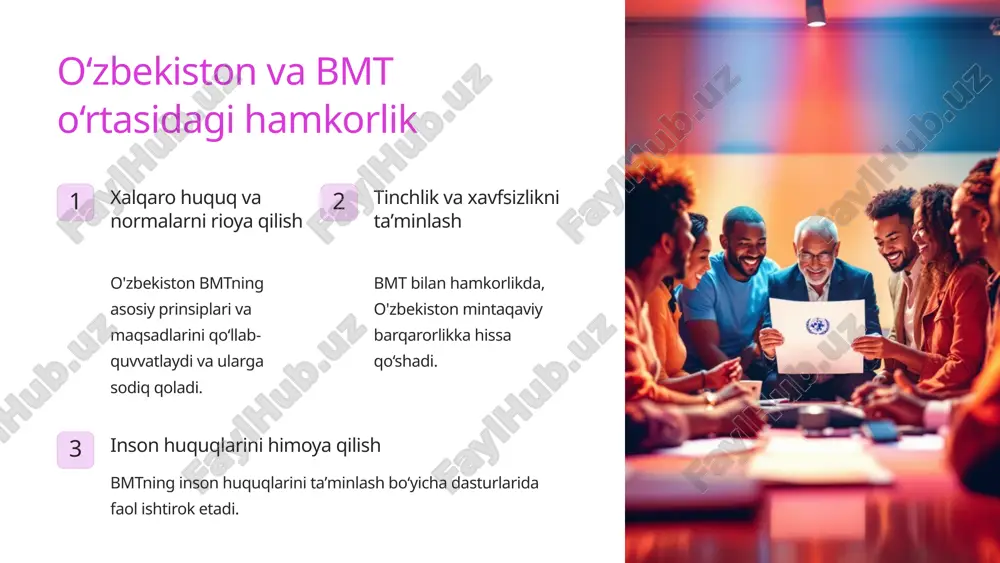 gan. adabiyot o'zbekistonning adabiyoti boy tarixi va madaniyatini aks ettiradi. turizm o'zbekiston o‘zining boy madaniy merosi bilan sayyohlarni jalb qiladi. 6 o‘zbekistonning iqtisodiy salohiyati va investitsiya muhiti 1 iqtisodiy islohotlar o'zbekiston iqtisodiyotni liberallashtirish va diversifikatsiyalash bo‘yicha keng ko‘lamli islohotlar olib bormoqda. 2 investitsiya muhitini yaxshilash o'zbekiston xorijiy investitsiyalarni jalb qilish uchun qulay shart-sharoitlar yaratmoqda. 3 iqtisodiy o‘sish o'zbekiston iqtisodiy o‘sish surʼatlari yuqori darajada saqlanib qolmoqda. 7 o‘zbekistonning xavfsizlik va barqarorlik siyosati tinchlik va xavfsizlikni taʼminlash o'zbekiston o‘z hududida va mintaqada tinchlik va barqarorlikni taʼminlashga harakat qiladi. terrorizm va ekstremizmga qarshi kurash o'zbekiston terrorizm va ekstremizmga qarshi xalqaro hamkorlikni rivojlantiradi. huquqni muhofaza qilish organlarini takomillashtirish o'zbekiston huquqni muhofaza qilish tizimini mustahkamlashga katta eʼtibor beradi. 8 o‘zbekistonning inson huquqlari bo‘yicha xalqaro hamkorligi 1 inson huquqlarini himoya qilish o'zbekiston inson huquqlarini himoya qilish va rioya qilish bo‘yicha xalqaro standartlarni qo‘llab-quvvatlaydi. 2 huquqiy islohotlar o'zbekiston inson huquqlarini himoya qilishga qaratilgan huquqiy islohotlarni amalga oshirmoqda. …