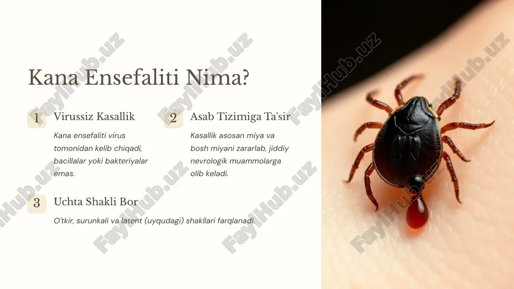 anadi. 6 laboratoriya tekshiruvlari zardob tekshiruvi qonda virus antitanachalari aniqlanadi. mikroskopik tekshiruvlar miya-orqa miya suyuqligi tahlili kasallikni isbotlashi mumkin. virusi ajratish laboratoriya sharoitida virusni ajratib olish imkon beradi. 7 kana ensefalitni davolash simptomatik davolash haroratni tushirish, odam uyqusini yaxshilash, asab tizimi muammolarini davolash. patogenez davolash immunomodulator preparatlar, interferon, plazma va immunoglobulinlar qo'llaniladi. profilaktik davolash vaksina yuborilishi asosan xavf ostidagi insonlar uchun tavsiya etiladi. 8 kana ensefaliti profilaktikasi mexanik himoya qon-qorishni oldini olish va kanalardan himoyalanish uchun kiyim, saranjomlar, repellentlar ishlatish muhim. biologik himoya o'simlik dorilar va boshqa biologik vositalar kanalarni yo'q qilishda foyda beradi. vaksina xavf ostida bo'lgan shaxslar uchun ehtiyotkorlik vaksinalari mavjud. 9 xulosalar 1 jiddiy kasallik kana ensefaliti asab tizimiga kuchli ta'sir ko'rsatib, o'lim xavfini keltirib chiqarishi mumkin. 2 profilaktika muhim kasallikni oldini olish va sog'liqni saqlash uchun himoya choralari va vaksinalash dolzarb ahamiyatga ega. 3 tezkor diagnostika kasallikni erta aniqlash va to'g'ri davolash muvaffaqiyatli yuqtirish va oqibatlarini …