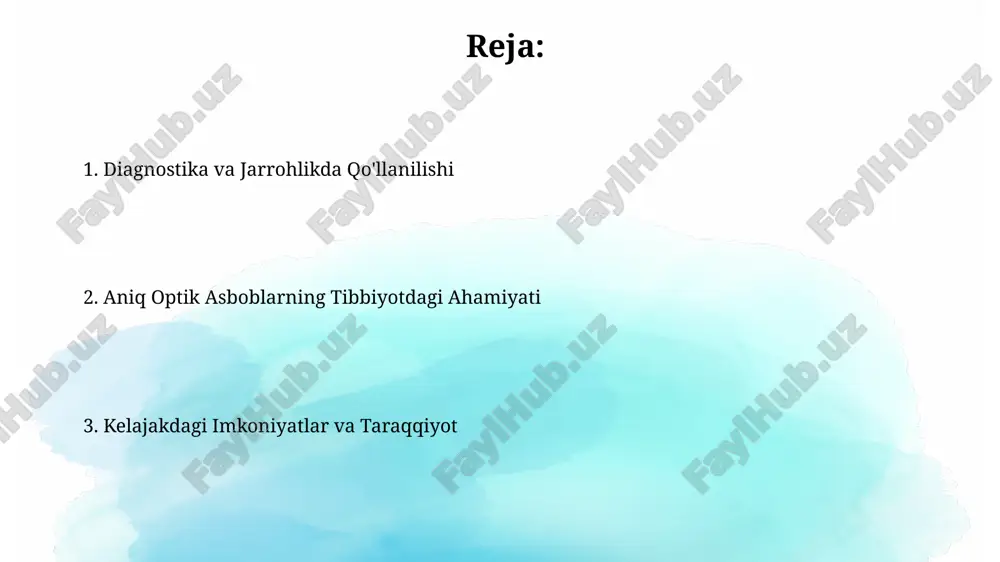 tik tolali endoskoplar, 5 mm dan kam diametrli bo'lib, tananing ichki organlarini minimal invaziv usulda tekshirish va operatsiyalarni o'tkazish imkonini beradi, bu esa bemorlarning tezroq tiklanishiga olib keladi. jarrohlik amaliyotlarida yuqori aniqlikdagi optik texnologiyalar mikrojarrohlikda ishlatiladigan optik mikroskoplar, 200x gacha kattalashtirish imkoniyatini taqdim etib, jarrohlarga juda mayda tuzilmalarni, masalan, 0,1 mm diametrli qon tomirlarini aniq ko'rish va manipulyatsiya qilish imkonini beradi. jarrohlikdagi lazerli ablasyon texnologiyalari, 90% dan ortiq aniqlik bilan o'smalarni 1 mm dan kam xatolik bilan olib tashlash imkonini beradi, bu esa minimal invaziv jarrohlik usullarini rivojlantirishga yordam beradi. endoskopiya va mikroskopiyada zamonaviy optik texnologiyalar konfokal mikroskopiya texnologiyasi yordamida 1 mikrometrgacha bo'lgan hujayra tuzilmalari uch o'lchovli tasvirlarini olish mumkin, bu esa aniq diagnostika qo'yish imkonini beradi. zamonaviy endoskoplarda qo'llaniladigan 1000 dan ortiq pikselli yuqori aniqlikdagi sensorlar tufayli, shifokorlar 0,1 mm gacha bo'lgan detallarni aniq ko'rishlari mumkin. tibbiy optik asboblarning sifati va xavfsizligi tibbiy optik asboblarning sifatsizligi 10% gacha diagnostika …