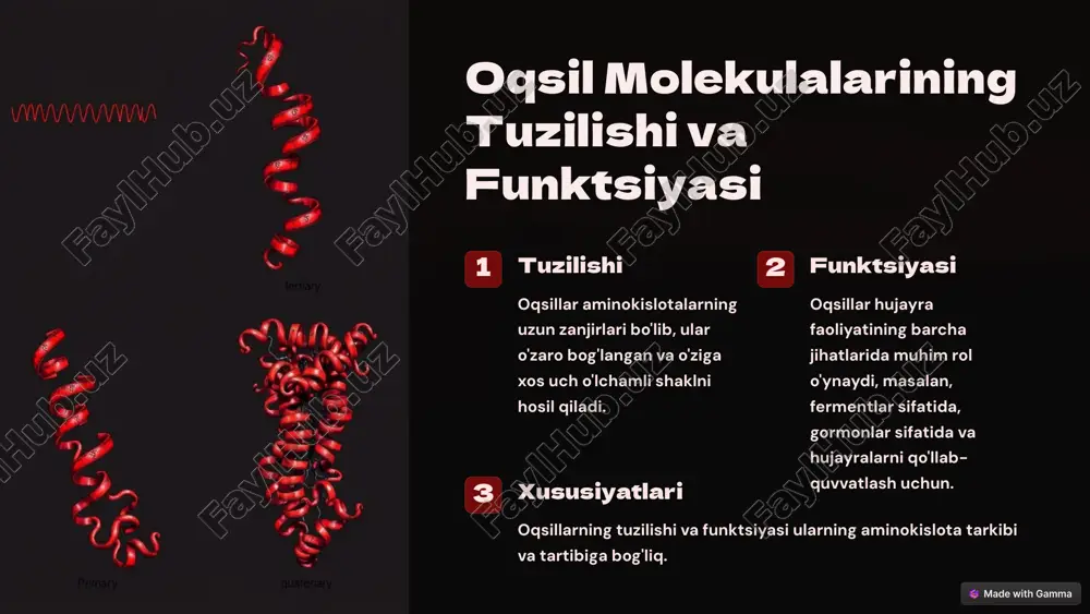 xususiyati glytsin eng kichik aminokislota alanin oqsillarni hosil qilishda ishtirok etadi valin mushaklarning rivojlanishiga yordam beradi translatsiya: mrnk'dan oqsil sintezi mrnk mrnk molekulasi ribosomalarga o'tadi va translatsiya jarayoni boshlanadi. trnk trnk molekulalari har bir aminokislotani mrnkdagi kodga mos keladigan o'ziga xos kodonni tanib oladi. peptid zanjiri trnk tomonidan keltirilgan aminokislotalar peptid bog'lanishi orqali bir-biriga bog'lanadi. post-translatsion modifikatsiyalar katlama oqsil molekulalari o'ziga xos uch o'lchamli shaklni hosil qilish uchun katlanadi. glikosilatsiya shakar molekulalari oqsilga qo'shilib, uning faoliyatini tartibga soladi. fosforilatsiya fosfat guruhlari qo'shilib, oqsilning faolligini o'zgartiradi. oqsil sintezini tartibga soluvchi mexanizmlar 1 transkripsiya faktorlari transkripsiya faktorlari dnkga bog'lanib, transkriptsiyani rag'batlantiradi yoki to'xtatadi. 2 mikrornk mikrornk mrnkga bog'lanib, uning translatsiyasini to'xtatadi. 3 oqsil degradasiyasi oqsillar proteazom tomonidan parchalanadi, bu esa oqsil kontsentratsiyasini tartibga soladi. oqsil biosintezidagi buzilishlar va kasalliklar genetik kasalliklar dnkdagi mutatsiyalar oqsil sintezi jarayonini buzib, kasalliklarga olib kelishi mumkin. oqsil agregasiyasi oqsilning noto'g'ri katlanishi agregatlarni hosil qilishi va hujayra faoliyatini …