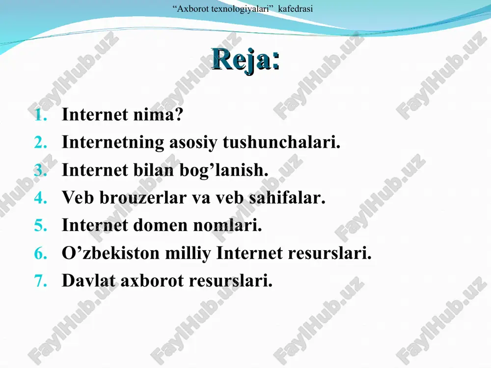 kon beruvchi dastur hisoblanadi. web brauzerlar interpretatsiyani bajaradi yoki web saytlardan html kodni o`tkazib natijani ko`rsatadi. bu ko`pinhca video, tasvir yoki ovoz ko’rinishida ham bo`lishi mumkin. ko`pgina brauzerlar quyidagi xususiyatlarga ega bo`lishadi: •ular uy sahifasiga ega bo`lishadi •ular foydalanuvchilarning yaxshi ko`rgan web saytlar/saxifalarini saqlash imkoniga egalar •ular foydalanuvchi kirgan saytlar tarixini saqlab qolishadi •ular ochilgan web saytlarda orqaga va oldinga boorish imkonini ta`minashadi.1 1david watson and helen williams, computer science, ® igcse is the registered trademark of cambridge international examinations, 2014. “axborot texnologiyalari” kafedrasi veb sahifalar veb sahifalar asosan o’zida ma`lumotlarni jamlovchi konteyner hisoblanib, ularning ikki turi mavjud: statik – o’zgarmas veb sahifalar dinamik – murojatga nisbatan shakllantiriladigan veb sahifalar “axborot texnologiyalari” kafedrasi veb brouzerlar ko’rinishlari “axborot texnologiyalari” kafedrasi internet domen nomlari uz - uzbekistan kg - kyrgyzstan kz - kazakhstan ru - russia ua - ukraine uk - united kingdom us united states com - commercial edu - us …