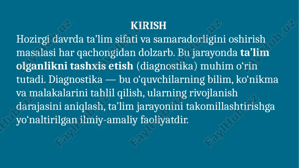 ash. ta’limdagi diagnostika turli metodlar asosida amalga oshiriladi 7 test sinovlari; so‘rovnomalar va suhbatlar; kuzatish; portfoliolarni tahlil qilish; psixologik diagnostika; eksperimental tekshiruvlar. testlar o‘quvchilarning bilim darajasini aniqlashda eng samarali vosita hisoblanadi. ular obyektivlik, aniqlik va tezkorlikni ta’minlaydi. test diagnostikasi yordamida o‘qituvchi o‘quvchilarning qaysi mavzularda qiynalayotganini aniqlab, metodikasini takomillashtiradi. 8 pedagogik kuzatish o‘quvchilarning o‘quv faoliyatini, darsdagi ishtiroki, ijtimoiy faolligi, nutqi va tafakkurini tahlil qilishga imkon beradi. bu usul o‘qituvchining bevosita tajribasiga asoslanadi va o‘quvchining individual xususiyatlarini aniqlashda muhim ahamiyatga ega. 9 o‘quvchining portfolioti — bu uning o‘quv faoliyati natijalari, ijodiy ishlari, loyihalari va yutuqlarini o‘z ichiga olgan hujjatlar majmuasidir. portfolioni tahlil qilish orqali o‘quvchining o‘sish dinamikasi, mustaqil fikrlashi va ijodkorligi baholanadi. 10 diagnostika jarayonining bosqichlari 11 maqsadni aniqlash; tashxis mezonlarini belgilash; axborot yig‘ish (test, so‘rovnoma, kuzatish); natijalarni tahlil qilish; pedagogik xulosa chiqarish; tavsiyalar ishlab chiqish. ta’lim olganlikni baholashda quyidagi mezonlar qo‘llaniladi: 12 bilimlarning to‘liqligi va aniqligi; nazariy bilimlarni amaliyotda qo‘llay olish; …