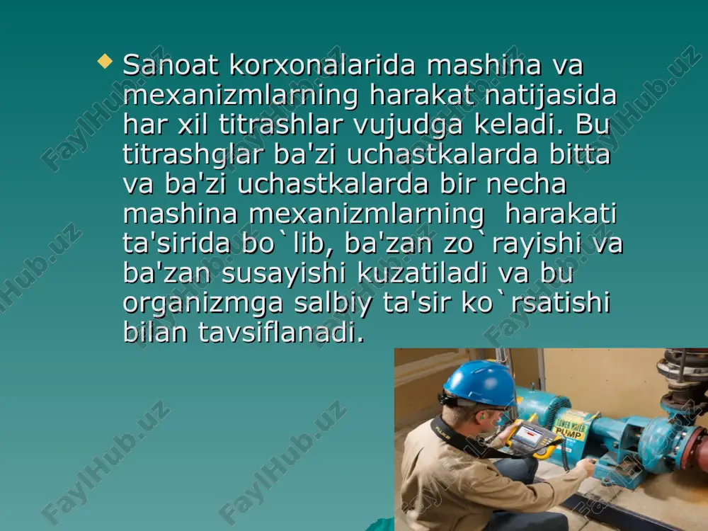 ar misol bo`la oladi. shovqindan saqlanish. hozirgi zamon tеxnika taraqqiyoti davrida sanoat korxonalarida shovqinga qarshi kurash masalalari muhim masalalar qatoriga kiradi. bu masala asosan mashinasozlik sanoatida transport vositalarini ishlatishda va еnеrgеtika sanoatida juda jiddiy masala bo’lib turibdi. shovqinning oqibatlari ma'lum. u birinchi navbatda ishlab-chiqarishda mеhnat qilayotgan kishilarni ma'naviy toliqtiradi, shovqin chiqaruvchi mashinalarni ishlatayotgan ishchilar va ishlab chiqarish jarayonini boshqarayotgan opеratorlar ishiga xalal bеrib, ularni har xil hatoliklarga yo`l qo`yishlariga olib kеladi. bu esa o’z navbatida ishlab-chiqarish jarohatlanishlari kеlib chiqishining asosiy manbai hisoblanadi. katta shovqin ta'sirida insonning asab sistеmalari zirqillaydi, eshitish organining susayishiga sabab bo`ladi. shovqin – odam organizmiga salbiy ta’sir etadigan va uning ishlashiga, dam olishiga halaqit beradigan tovushlar kompleksi. normal eshitadigan odam chastotasi 16 dan 20.000 gs gacha, intensivligi noldan 120-130 db gacha bo’lgan tovush tebranishlarini qabul qiladi (eshitadi). katta intensivlikdagi tovush (shovqin) quloq pardasiga yuqori bosim bilan tazyiq ko’rsatishi tufayli odamga kuchli ta’sir etadi, intensivligi 150 db gacha …