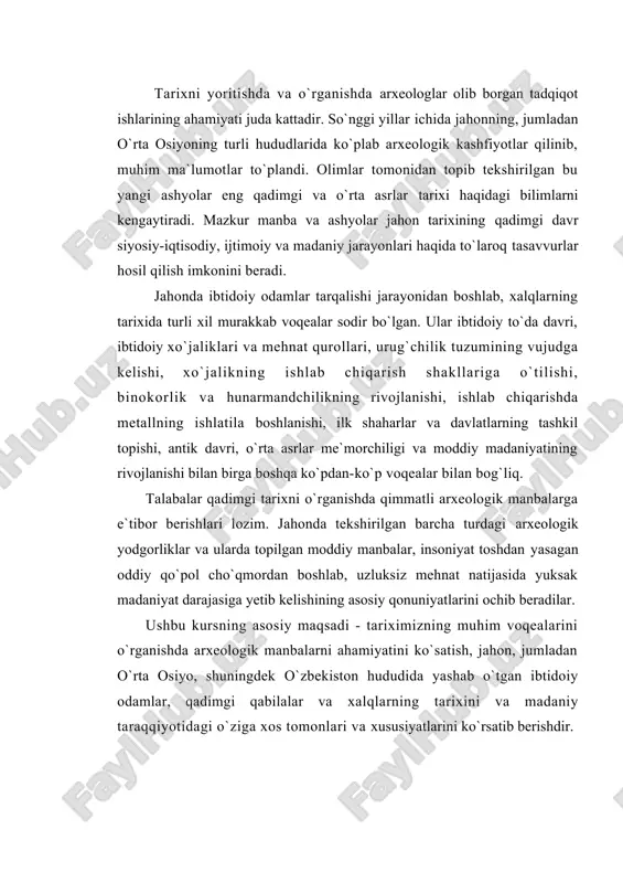 va madaniy taraqqiyotidagi o`ziga xos tomonlari va xususiyatlarini ko`rsatib berishdir. t a ya n ch s o` z l a r eneolit, sialk va suza kompleksi, mundigak, anov-nomozgoh, sarazm, qurilish va me`morchilik, kulolchilik va metall, haykalchalar, tripole madaniyati va uning bosqichlari, g`oyaviy qarashlar, maykop, drevneyam va afanasev madaniyatlari, janubiy turkmaniston arxeologik kompleks ekspeditsiyasi (jtake), anovtepa, namozgohtepa, oltintepa, geoksyur, oilaviy ibodatxonalar, katta oila jamoasi. enolit – lotin va yunoncha so`zlaridan yasalgan bo`lib, «alneus» - lotincha mis, «litos» - yunoncha tosh degan ma`noni anglatadi. eneolit atamasi bilan birga “xalkolit” (“xalkos” yunoncha mis demak) ham ishlatiladi. eneolit neolit bilan bir vaqtga to`g`ri keladi. ammo ular orasida xronologik jihatdan katta farq bo`lmasada, madaniy darajalari jihatidan bir-biridan farqlanadi. masalan, yevropa va osiyoning ko`p hududlarida miloddan avvalgi iv-iii ming yillikda neolit qabilalari yashagan, ular bu vaqtda metaldan xabardor bo`lmagan, ovchilik va baliqchilik bilan shug`ullangan. yevropa va osiyoning boshqa o`lkalarida aynan shu paytda metalldan bir oz xabardor …