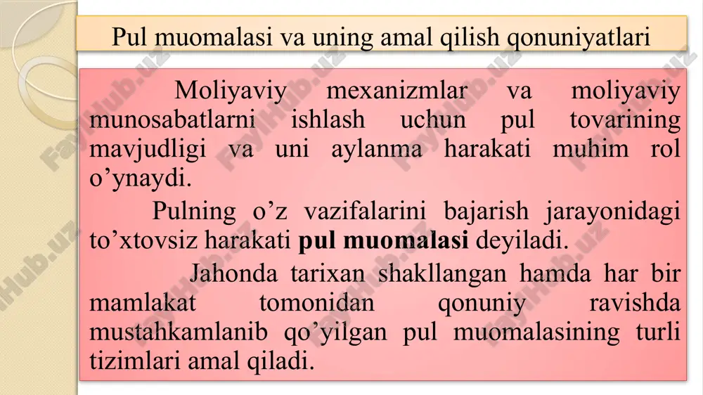 l taklifining o’zaro nisbatini ifodalovchi mexanizm. pul taklifi ko’p jihatdan inflyatsiya jarayonlariga ham ta‘sir ko’rsatadi. inflyatsiya deb pul muomalasi qonunlari buzilishi bilan bog’liq holda qog’oz pullarning qadrsizlanishiga aytiladi. inflyatsiya – bu qog’oz pul birligining qadrsizlanishi va shunga mos ravishda tovar narxlarining o’sishidir. qog’oz pul tovarlarga, oltinga va xorijiy valyutalarga nisbatan qadrsizlanadi. 2. kreditning mohiyati, manbalari va vazifalari kredit bo’sh turgan pul mablag’larini ssuda fondi shaklida to’plash va ularni pulga muhtoj bo’lib turgan huquqiy va jismoniy shaxslarga ishlab chiqarish va boshqa ehtiyojlariuchun ma‘lum muddatga, foiz to’lovlari bilan qaytarish shartida qarzga berish munosabatlarini ifodalaydi. pul shaklidagi kapital ssuda kapitali deyilsa, uning harakati kreditning mazmunini tashkil qiladi. kredit munosabatlari ikki sub‘ekt o’rtasida, ya‘ni pul egasi (qarz beruvchi) va qarz oluvchi o’rtasida yuzaga keladi. turli xildagi korxonalar (firmalar), tashkilotlar, davlat hamda aholining keng qatlami kredit munosabatlarining sub‘ektlari hisoblanadi. kredit munosabatlarining ob‘ekti jamiyatda vaqtincha bo’sh turgan pul mablag’laridir. kredit munosabatlarining mavjud bo’lishini takror ishlab chiqarish …