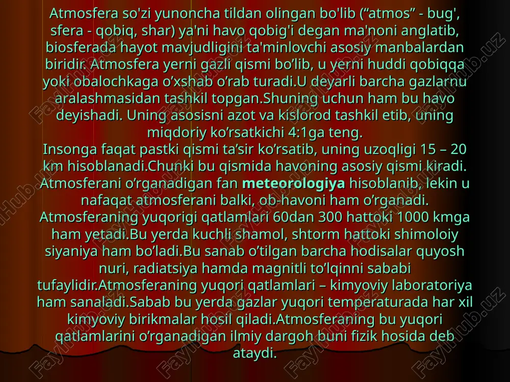 radi.quyoshning nuri ta’sirida yuqorida kislorod atom holiga o’tadi.atom holidagi kislorod esa atmosferaning yuqori qatlamining asosiy tarkibi hisoblanadi.undan tashqari yengil gazlar vodoro hamda geliy ham yuqorigi qatlamning asosiy tarkibi hisoblanadi. shunga qaramasdan 30 km pastdagi qatlam yuqorigi ya’ni 100 km bilan uncha farq qilmaydi. atmosferaning asosiy vazifalari quyidagilar: o’z tarkibida kislorod mavjud bo’lib, tirik jonzotlarni nafas olish uchun imkoniyat yaratadi; karbonat angidrid mavjud bo’lib, o’simliklarni fotosintez qilishiga yodam beradi; ultrabinafsha nurlardan organizmlarni saqlydi; yer yuzasidagi issiqlikni saqlab turib, ob-havoni boshqarib turadi; yer yuzasidagi modda ayniqsa gaz moddalarni aylanishida kata rol o’ynaydi; suv bug’larini planetga o’tkazadi; uchar holatdagi organizmlar uchun qulay muhit hisoblanadi; kimyoviy energiya va xom- ashyo manbasi hisoblanadi; gaz va changlarni o’ziga abul qiladi. atmosfera qobig'i quyidagi qatlamlarga bo'linadi. 1. troposfera – yer sirtida 0-15 km gacha, temperature +15 dan -56 gacha; 2. stratosfera – 15-50 km gacha, temperature -56 dan -2 gacha; 3. mezosfera – 50-80 km gacha, temperaturasi …