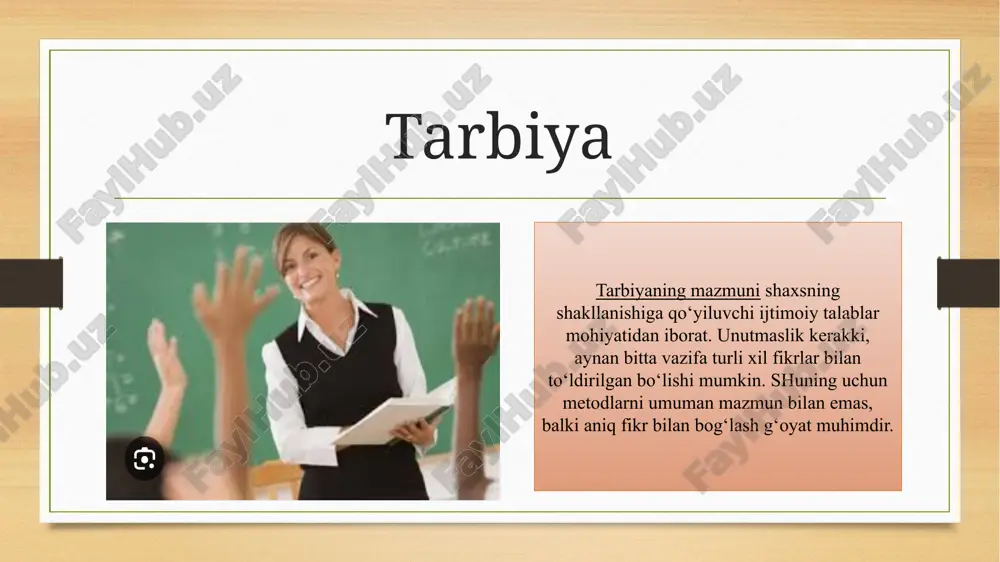 yaxshi tarbiya-millat ichidan buyuk insonlarni ko’paytirishga, qolganlarni esa sog’lom fikr yurituvchi fuqarolarga aylantirishga qodir” tarbiya jarayoni o’z-o’zini tarbiyalash va qayta tarbiyalash jarayonlari bilan o’zaro bog’liq. o`quvchi shaxsi tarbiya ob‘ektigina emas, yeng muximi u tarbiya sub‘ekti hamdir. tarbiyaning asosiy turlari ikkitadir: oila tarbiyasi va ijtimoiy tarbiya. tarbiya shaxsni axloqiy-ma‘naviy, aqliy, jismoniy, huquqiy kamolotida muhim o’rin tutadi. ijtimoiy tarbiyaning bir necha turlari: aqliy, axloqiy, jismoniy, estetik mehnat, huquqiy tarbiya kabi turlari bor. tarbiya jarayoni o‘zida quyidagi xususiyatlarni namoyon etidi: aniq maqsadga yo‘naltirilgan jarayon ko‘p qirrali jarayon; uzoq muddatli jarayon; yaxlit tizimlilik jarayon; ikki tomonlama aloqa jarayoni; qarama-qarshiliklardan iborat jarayon zamonaviy tarbiya tarbiya maqsadining aniqligi, bolalar va kattalarning birgalikdagi faoliyati. o‘z-o‘zini anglash tarbiyaning yo‘naltiruvchanligi. foydalanilgan adabiyotlar 1. mirziyoyev sh. milliy taraqqiyot yoʻlimizni qat’iyat bilan davom ettirib, yangi bosqichga koʻtaramiz. – toshkent: “oʻzbekiston” nmiu, 2017. – 592 b. 2. karimov i.a. yuksak manaviyat – yengilmas kuch. – toshkent: ma’naviyat, 2008. – 174 b. 3. …