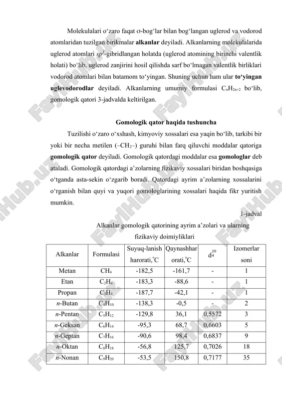 3 n-pentan izopentan neopentan hch 3 + ch 3 ch 3 ch 3 + h hr + no 2 pf 6 (ch 2 cl 2 ) no 2 r + hpf 6 nitrolash ch 4 + cl 2 sbf 5 ch 3 cl + hcl xlorlash alkanlar. olinishi, fizik va kimyoviy xossalari reja: 1. tabiiy manbalari va olinish usullari 2. fizikaviy xossalari va tuzilishi 3. alkanlarning muhim vakillari molekulalari o‘zaro faqat -bog‘lar bilan bog‘langan uglerod va vodorod atomlaridan tuzilgan birikmalar alkanlar deyiladi. alkanlarning molekulalarida uglerod atomlari sp3-gibridlangan holatda (uglerod atomining birinchi valentlik holati) bo‘lib, uglerod zanjirini hosil qilishda sarf bo‘lmagan valentlik birliklari vodorod atomlari bilan batamom to‘yingan. shuning uchun ham ular to‘yingan uglevodorodlar deyiladi. alkanlarning umumiy formulasi cnh2n+2 bo‘lib, gomologik qatori 3-jadvalda keltirilgan. gomologik qator haqida tushuncha tuzilishi o‘zaro o‘xshash, kimyoviy xossalari esa yaqin bo‘lib, tarkibi bir yoki bir necha metilen (–ch2–) guruhi bilan farq qiluvchi moddalar qatoriga gomologik qator …