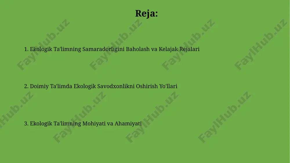 rivojlantirish mumkin. ekologik ta'lim tushunchasi davomli ekologik ta'lim, atrof-muhit muammolarini hal qilishga yordam beradigan 10 dan ortiq amaliy ko'nikmalarni o'zlashtirish orqali, atrof-muhitga mas'uliyatli munosabatni rivojlantirishga qaratilgan. ekologik ta'lim, 3-18 yoshgacha bo'lgan bolalar uchun tabiatni muhofaza qilishga oid 5 ta asosiy prinsipni o'z ichiga olgan holda, atrof-muhitga hurmatni shakllantirishga qaratilgan uzluksiz ta'lim jarayonining muhim qismidir. kelajak uchun ekologik ta'lim “kelajak uchun ekologik ta’lim” dasturi 5 yoshdan 18 yoshgacha bo‘lgan yoshlarni o‘z ichiga olib, 12 ta ekologik ta’lim modulini o‘z ichiga oladi, bu modullar bioxaritalash va atrof-muhit monitoringi kabi amaliy ko‘nikmalarni o‘rgatadi. ushbu dasturda 30 dan ortiq ekologik mutaxassis ishtirok etib, 2000 dan ziyod o‘quvchi uchun atrof-muhitni muhofaza qilish bo‘yicha intensiv o‘quv kurslarini tashkil qiladi va ularga sertifikat beradi. davomiy ta'limda ekologik madaniyat ekologik bilim va ko'nikmalarni rivojlantirishga qaratilgan davomiy ta'lim kurslarining ishtirokchilari soni 2022 yilda 15% ga oshgan va bu atrof-muhitni muhofaza qilishga bo'lgan munosabatni yaxshilashga yordam beradi. davomiy ta'lim doirasida …