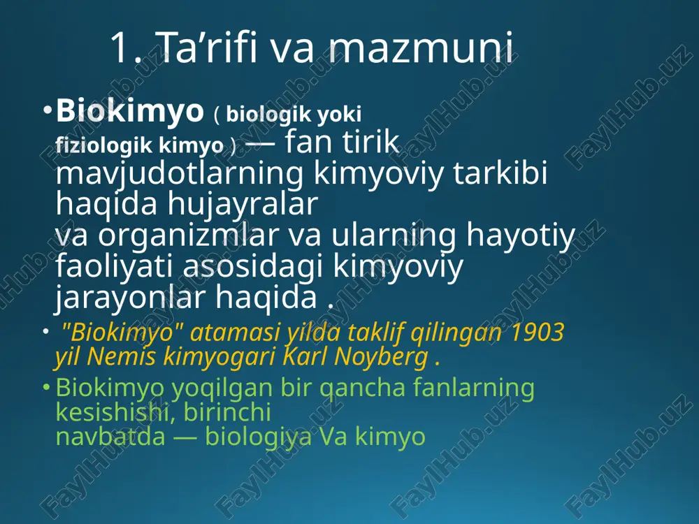 1. ta’rifi va mazmuni 2.funksional biokimyo. u metabolizm va tana funktsiyalari o'rtasidagi bog'liqlikni o'rganadi. jismoniy tarbiya va sport biokimyosi ham shu bo'limga kiradi . biokimyo fkis jismoniy tarbiya bo'yicha oliy ma'lumot olayotgan mutaxassis uchun biokimyoni bilish zarur, chunki u: - organizmlarning hayot qonuniyatlarini molekulyar darajada ochib beradi; - organizmda sodir bo'ladigan jarayonlarning sabab-oqibat munosabatlarini o'rnatadi; - mushak faoliyati davomida biokimyoviy o'zgarishlar xususiyatlarini o'rganadi; - sport mashg'ulotlari va ish faoliyatini oshirishning biokimyoviy tamoyillarini ochib beradi; - sportda biokimyoviy nazorat (doping nazorati va boshqa masalalar) haqida gapiradi. rivojlanish tarixi mustaqil fan sifatida biokimyo taxminan 100 yil oldin shakllangan, ammo odamlar qadimgi davrlarda biokimyoviy jarayonlardan foydalangan, ularning asl mohiyatini bilishmagan . o'sha paytda bunday jarayonlar texnologiyasi non pishirish, pishloq tayyorlash, vinochilik, teridan tikish jang qilish zarurati kasalliklar meni organizmdagi moddalarning o'zgarishi haqida o'ylashga va dorivor o'simliklarning shifobaxsh xususiyatlariga tushuntirishlar izlashga majbur qildi. o'simliklardan foydalanish ovqat, tayyorlash uchun bo'yoqlar va matolar moddalarning xossalarini tushunishga …