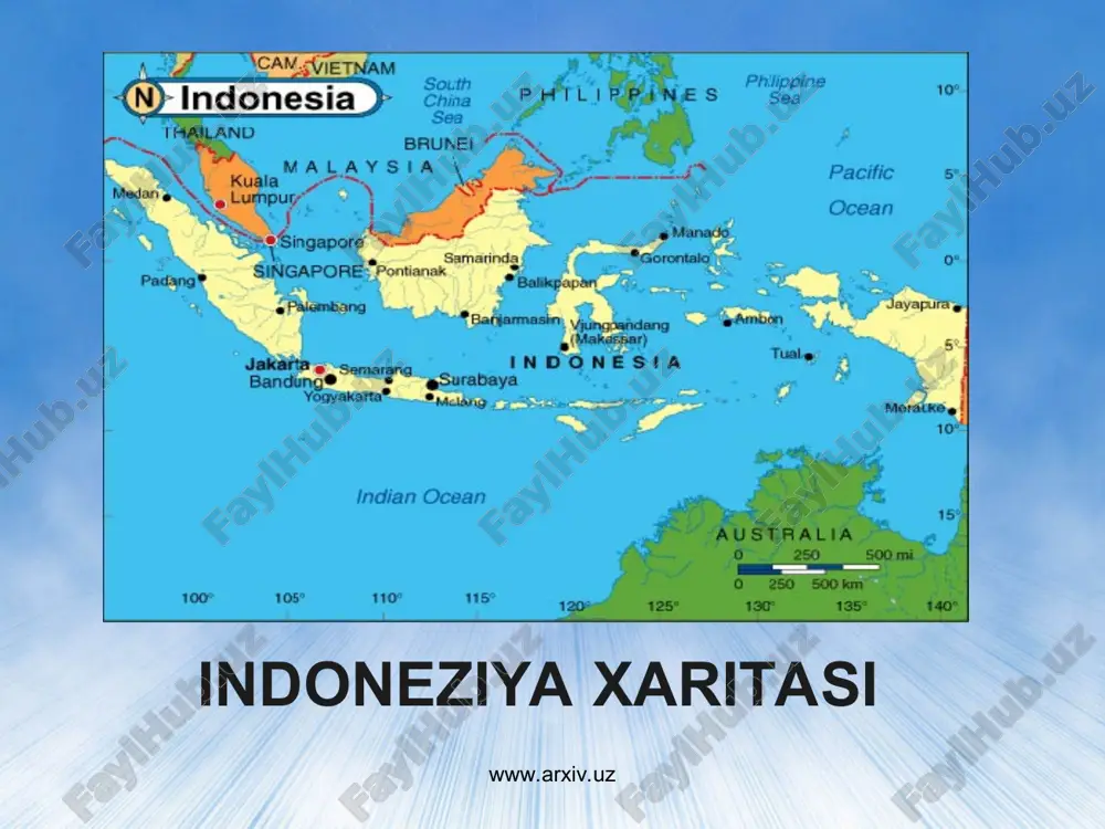 turadi. mamlakatda aholining 87 foizi islom diniga, 6 foizi protestant, 3 foizi katolik, 3 foizi buddizm diniga e'tiqod qiladi. davlat-tili indonez tili hisoblanadi. indoneziyada 150 dan ortiq elatlar yashaydi, ular orasida eng ko'p sonlilari-yavaliklar, sundlar, madurliklar, 3 mln dan ko'proq xitoylar yashaydi. www.arxiv.uz www.arxiv.uz indoneziya aholisi www.arxiv.uz www.arxiv.uz 4. davlat tuzumi xiv asrda hindiston va malakkadan indoneziyaga islom dini kirib keldi. xvi asrdan majapaxit imperiyasi musulmon sultonliklarga bo'linib ketgach, indoneziya hududiga yevropaliklar (portugallar, gollandlar) kirib kela boshladi. 1602 yilda gollandlar indoneziyada ost-indiya kompaniyasiga asos soldi. 1811 yili indoneziyani inglizlar bosib oldi. 1814 yilgi angliya-niderlandiya bitimiga ko'ra indoneziya niderlandiya qo'liga o'tdi. www.arxiv.uz www.arxiv.uz www.arxiv.uz www.arxiv.uz 1942-1945 yillarda indoneziya yaponiya bosib oldi. yaponiya ii jahon urushida mag'lubiyatga uchragach, mamlakat mustaqil indoneziya respublikasi deb e'lon qilindi. (1945 yil 17 avgust). 1945 yil 6 sentabrda indoneziyaga ingliz, keyinroq golland qo'shinlari bostirib kirdi. 1949 yil noyabrda gollandiya indoneziya mustaqilligini tan olishga majbur bo'ldi. biroq indoneziya …