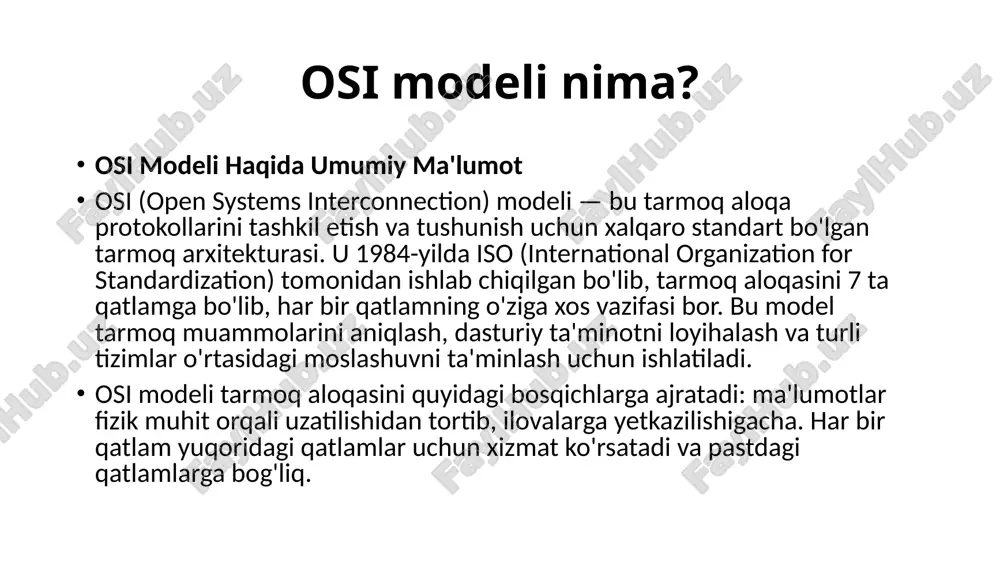 m o'z "sarlavhasi" (header) ni qo'shadi. pastdan yuqoriga: qabul qiluvchi tomonda ma'lumotlar fizik qatlamdan boshlanib, yuqoriga ko'tariladi va har bir qatlam sarlavhalarni olib tashlaydi. osi modeli tcp/ip modeliga o'xshash, ammo tcp/ip 4-5 ta qatlamga ega va amaliyotda ko'proq qo'llaniladi. osi modeli si modelining 7 qatlami va ularning vazifalari: physical (fizik qatlam) signal, kabellar, elektr impulslar, radio to‘lqinlar orqali ma’lumot uzatish. qurilmalar: kabel, modem, hub, repeater. fizik pogʻona — uzatish muhitlari bilan oʻzaro munosablarda ishlovchi tarmoqning eng quyi pogʻonasi hisoblanadi. tarmoqning fizik qismi tarmoq elementlarini bir biri bilan bogʻlaydi hamda tarmoq tugunlari orasida fizik maʼlumotlarni tashiydi. fizik pogʻonada koʻp murakkab amallar bajariladi, masalan, modulyasiyalash, kodlash, multipleksorlash kabi. bu pogʻona shuningdek kanal pogʻonasi uchun xizmatlarni taqdim etadi. data link (ma’lumotlar havolasi qatlami) fizik kanal orqali uzatilayotgan kadrlarni (frame) boshqaradi. manzil: mac-adres. qurilmalar: switch, bridge. network (tarmoq qatlami) ma’lumotlarni manzillash va marshrutlash (yo‘naltirish). manzil: ip-adres. qurilmalar: router. transport (transport qatlami) ma’lumotlarni segmentlarga bo‘lish, …