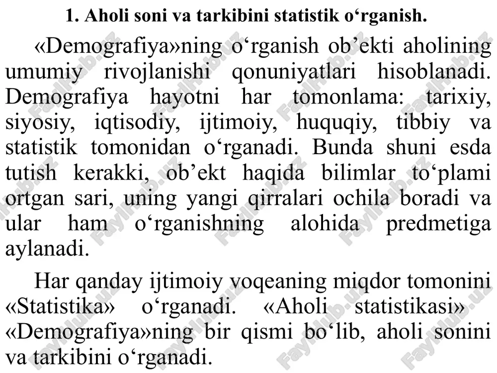 ing uchun ham, bu aholi ro‘yxatlarida asosan erkaklar ro‘yxatga olingan. chunki, u paytlarda erkaklarning iqtisodiy o‘rni yuqori bo‘lgan, soliq to‘lashda faqat erkaklar, ya’ni oila boshliqlari qatnashgan. aholini eng birinchi rasmiy ro‘yxatga olish 1790 yilda aqshda, keyinchalik 1800 yilda shvetsiya va finlyandiyada, 1801 yilda – angliya, daniya, norvegiya va fransiyada o‘tkazilgan. ammo, bu aholi ro‘yxatlari juda oddiy shaklda hamda uzoq muddatga cho‘zilgan. masalan, birinchi aqshda aholini ro‘yxatga olish ishlari 18 oy davomida olib borilgan. xix asrga kelib, aholini ro‘yxatga olish juda kengaydi. qator yevropa mamlakatlarida statistika tashkilotlari tuzildi. aholini ro‘yxatga olish ilmiy dasturlar asosida olib borilishi yo‘lga qo‘yildi. xususan, 1870-1879 yillarda dunyoning 48 ta, 1890 yillarda esa 57 ta davlatida aholi ro‘yxati o‘tkazilgan. xix asr oxirida dunyo aholisining 21 foizi ro‘yxatga olingan bo‘lsa, xx asr boshida 54 foiz aholi ro‘yxatdan o‘tkazilgan. ikkinchi jahon urushidan keyin, aholini ro‘yxatga olish tizimi yanada takomillashtirildi. 1945-1954 yillarda – 151 ta davlatda, 1965-1974 yillarda – 179 …
