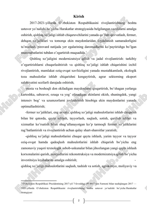 qishloq xo’jaligi mahsulotlarini chuqur qayta ishlash, yarim tayyor va tayyor oziq-ovqat hamda qadoqlash mahsulotlarini ishlab chiqarish bo’yicha eng zamonaviy yuqori texnologik asbob-uskunalar bilan jihozlangan yangi qayta ishlash korxonalarini qurish, mavjudlarini rekonstruksiya va modernizatsiya qilish bo’yicha investitsiya loyihalarini amalga oshirish; -qishloq xo’jaligi mahsulotlarini saqlash, tashish va sotish, agrokimyo, moliyaviy va boshqa zamonaviy bozor xizmatlari ko’rsatish infratuzilmasini yanada kengaytirish; -sug’oriladigan yerlarning meliorativ holatini yanada yaxshilash, melioratsiya va irrigatsiya obyektlari tarmoqlarini rivojlantirish, qishloq xo’jaligi ishlab chiqarish sohasiga intensiv usullarni, eng avvalo, suv va resurslarni tejaydigan zamonaviy agrotexnologiyalarni joriy etish, unumdorligi yuqori bo’lgan qishloq xo’jaligi texnikasidan foydalanish; -kasallik va zararkunandalarga chidamli, mahalliy yer-iqlim va ekologik sharoitlarga moslashgan qishloq xo’jaligi ekinlarining yangi seleksiya navlarini hamda yuqori mahsuldorlikka ega hayvonot zotlarini yaratish va ishlab chiqarishga joriy etish bo’yicha ilmiy-tadqiqot ishlarini kengaytirish; -global iqlim o’zgarishlari va orol dengizi qurishining qishloq xo’jaligi rivojlanishi hamda aholining hayot faoliyatiga salbiy ta’sirini yumshatish bo’yicha tizimli chora-tadbirlar ko’rish. hozirgi davrda mamlakatimizda olib …