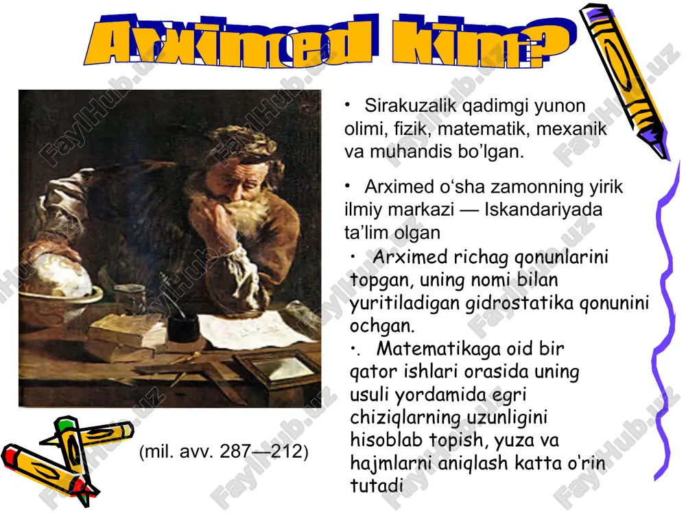 ni ishlab chiqqan. tetraedr kuboktaedr «parabola kvadraturasi» asarida arximed parabolaik segmentning maydonini hisoblash usulini batafsil bayon etdi. shuni ta’kidlash kerakki, arximed, integral hisoblashlar kashf etilishidan ikki ming yil avval ushbu yechimni uddalagan. «aylana o’lchamlari haqida» asarida esa arximed «π» sonini qiymatini aniqladi va uning har qanday aylana uchun o’zgarmas qiymat ekanligini isbotladi. biz hozirgacha butun sonlarni arximed o’ylab topgan usul bilan hisoblaymiz… “silindr va shar haqida” traktat ularning hajmlari nisbati 2/3 ga teng deb aytiladi.. “tekis yuzali jismlar muvozanati” nomli risolasi turli shakllarning masa markazlarini topishga bag’ishlangan.. “konoidlar va sferoidlar” nomli traktatida esa arximed shar, ellips,parabolik va giperbolik aylanishlar, ularning hajmlarini topish haqida yozadi.. “aylana uzunligi” nomli asarida arximed π sonini 17 xona aniqlikda o’lchab beradi. ("исчисление песчинок") «lemm kitobi", “stomoxion" 20 asrgagina kelib ma’lum bo’lgan.”uslub” (yoki“efod") va “to’g’ri yettiburchak“ lar ham arximedga tegishli bo’lgan asarlar. “uslub” asarida arximed matematik tenglamalar orqali mexanik hodisalarni isbot qilish yo’llarini yozadi.. yevropaliklar uyg’onish …