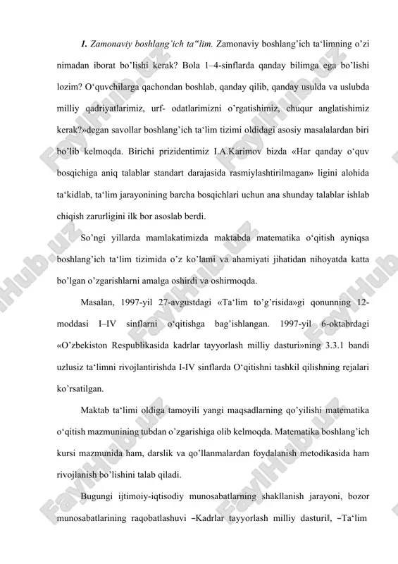 bo’lib, uning ma‘nosi ―fanlarni bilish‖ demakdir. matematika fanining o’rganadigan ob‘ekti fazoviy shakllar va ular orasidagi miqdoriy munosabatlardan iboratdir. maktab matematika kursining maqsadi o‘quvchilarga ularning psixologik xususiyatlarini hisobga olgan holda matematik bilimlar tizimini berishdan iboratdir. bu matematik bilimlar tizimi ma‘lum usullar (metodika)orqali o‘quvchilarga yetkaziladi. ―metodika‖ grekcha so’z bo’lib, ―metod‖ degani ―yo’l‖ demakdir. matematika metodikasi pedagogika fanlari tizimiga kiruvchi pedagogika fanining tarmog’i bo’lib, jamiyat tomonidan qo’yilgan o‘qitish maqsadlariga muvofiq matematika o‘qitish qonuniyatlarini matematika rivojining ma‘lum bosqichida tatbiq qiladi. o‘qitishda yangi maqsadlarning qo’yilishi matematika o‘qitish mazmunining tubdan o’zgarishiga olib keldi. boshlang’ich sinf o‘quvchilariga matematikadan samarali ta‘lim berilishi uchun bo’lajak o‘qituvchi boshlang’ich sinflar uchun ishlab chikarish matematika o‘qitish metodikasi egallab, chuqur o’zlashtirib olmog’i zarur. matematika boshlang’ich ta‘lim metodikasining predmeti quyidagilardan iborat: 1. matematika o‘qitishdan ko’zda tutilgan maqsadni asoslash (nima uchun matematika o‘qitiladi, o’rgatiladi). taqsimlansa, fan asoslarini o’rganishda izchillik ta‘minlanadi, o‘quv ishlariga o‘quv mashg’ulotlari beradigan yuklama bartaraf qilinadi, ta‘limning mazmuni o‘quvchilarning aniq bilim bilish imkoniyatlariga …