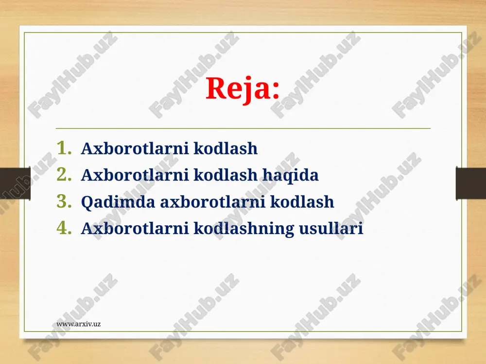 parat, videokamerani, raqamli qurilmalarga shaxsiy kompyuter, raqamli telefon, raqamli fotoapparat, raqamli videokamerani misol qilish mumkin. www.arxiv.uz axborotlar ustida amallar bajarish qulay bo'lishi uchun aniq bir qoidalar asosida boshqa ko'rinishga o'tkazish jarayoni axborotni kodlash deyiladi. axborotlarni kodlash insoniyat tomonidan faqat amallar bajarish qulay bo'lishi uchun emas, balki axborotni maxfiy saqlash uchun ham qo'llanilgan. kodlashning bu ko'rinishi shifrlash deb ataladi. www.arxiv.uz qadimda axborotlarni kodlash hayotda axborotni kodlashning ko'pdan-ko'p usullari mavjud. birinchi kodlashni qo'llagan inson qadimgi gretsiya sarkardasi lisandro hisoblanadi. u axborotni maxfiy saqlash, ya'ni kodlash uchun ma'lum bir qalinlikdagi "ssital" tayoqchasini o'ylab topgan. kodlashning bu usuli o'rin almashtirish usuli deb ataladi. www.arxiv.uz qadimgi rim imperatori yuliy sezar ham axborotni maxfiyligini saqlash uchun matnni kodlash usulini o'ylab topgan. "sezar shifri"da matndagi harf alifboda o'zidan keyin kelgan uchinchi harfga alimashtiriladi. bunda alifbo doiraviy yozilgan hisoblanadi. bu kodlash usul alifboni surish usuli deyiladi. sezar usulidan foydalanganda belgini istalgancha surish mumkin. www.arxiv.uz axborotlarni kodlashning usullari semyuel …