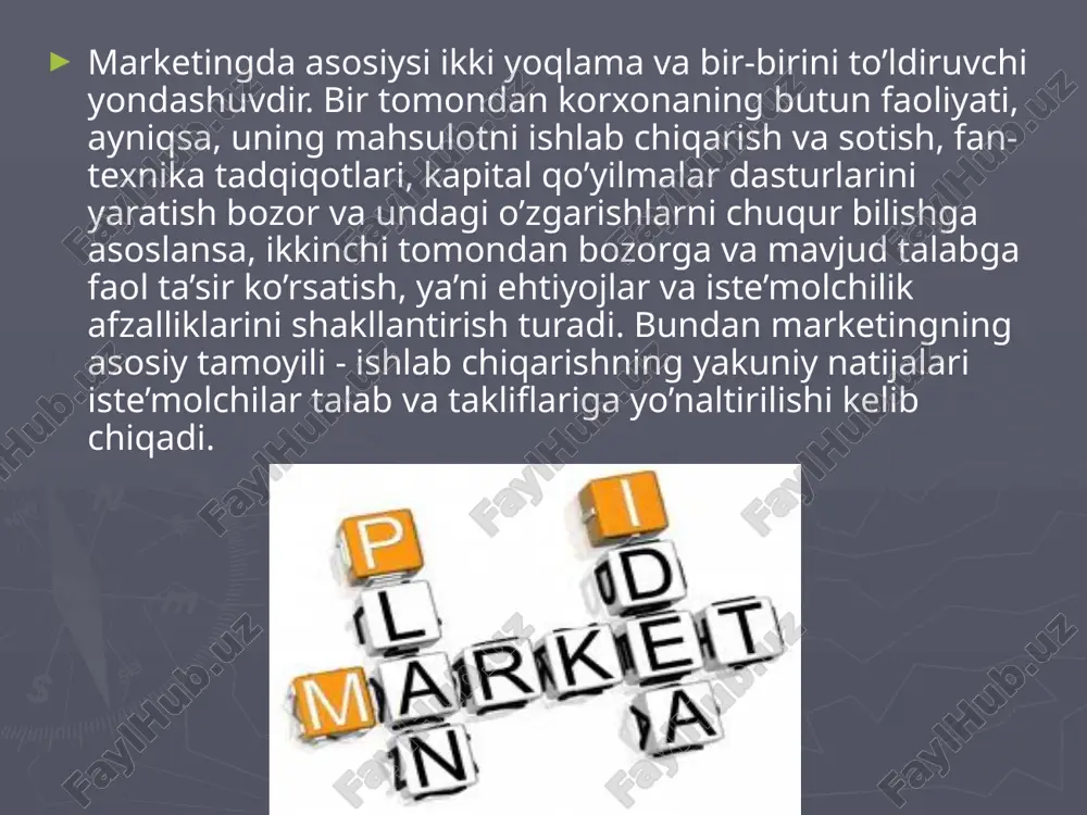 min tashkil etish; maqsadli yo’naltirilgan tovar siyosatini amalga oshirish; baho siyosatini yurgazish. marketingda boshqaruv va nazorat funktsiyasi ham katta ahamiyatga ega bo’lib, u quyidagilarni nazarda tutadi: korxonada strategik va tezkor rejalashtirishni amalga oshirish; jamoani boshqarishning axborot ta’minoti; korxonada kommunikatsiya tizimini tashkil qilish; marketing nazoratini tashkil qilish (teskari aloqa, vaziyat tahlili). marketingning bu va boshqa funktsiyalari uning asosiy vazifasi – tadbirkorlik muhiti dinamikasini kuzatish, ya’ni atrof-muhitning rejalashtirish xarakteri va tendentsiyalari biznesni yuritishga ijobiy ta’sir ko’rsatishi yoki uning oldiga to’siqlar qo’yishini kuzatishni ta’minlashi lozim. tadbirkorlik muhitini tahlil qilish va baholashda avvalo quyidagi omillar hisobga olinishi lozim: iqtisodiy reallik – ichki milliy mahsulot, dispersion daromad, ya’ni ayni paytda erishilgan turmush darajasi; ijtimoiy omillar – aholi tarkibi, qadriyatlar, raqobat, tendentsiyalar; texnik rivojlanish darajasi – texnik taraqqiyot, bozorning texnik taraqqiyotni sezuvchanligi; huquqiy-normativ muhit – qonunchilik, normativ hujjatlar. marketing rejasini ishlab chiqishda ishlab chiqarishni bozor talablariga maksimal moslashtirishni, qo’l ostidagi mavjud vositalar (mahsulot sifati, reklama, servis …