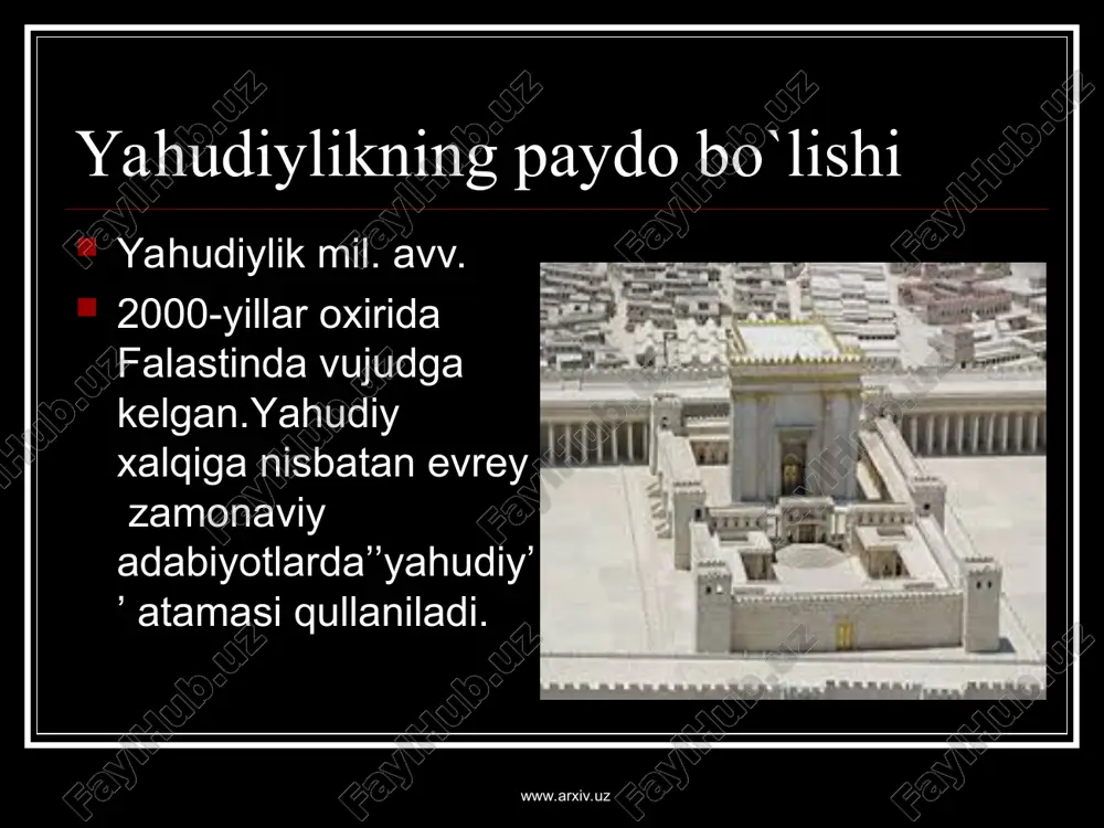 peysax bayramidir. www.arxiv.uz www.arxiv.uz quddus. yig`i devori. www.arxiv.uz www.arxiv.uz yahudiy ruhoniylari – ravvinlar www.arxiv.uz www.arxiv.uz magen david qirol dovudning muhri sifatida qabul qilingan ikki uchburchakdan iborat’’magen david ‘’ deb nomlanuvchiolti burchakli bir yulduz qabul qilingan. www.arxiv.uz www.arxiv.uz ibodatlari ibodatlari yahudiylar ibodatlarini ‘’sinagoga’’lardaamalga oshirganlar.sinagoga quddusdagi ibodatxonaning vayron qilinishidan keyin yahudiylarning ibodat qilidigan uylariga nisbatan shunday nomlangan.sinagogalarda yahudiylarningramzi bulgan 7-shoxoli shamdon bulgan www.arxiv.uz www.arxiv.uz ibodatlari yahudiylar yahvega sodiqligini ifodalash uchun bir necha bayramlarni nishonlashadi.yillik bayramlari orasida eng e’tiborlisi ‘’peysax’’ bayramidir. www.arxiv.uz www.arxiv.uz mazhablari yahudiylik mazhablari uch alohida guruhga bulinadi.mil avv iiasrda klassik mazhablar urta asr mazhablari zamonaviy davr mazhablari www.arxiv.uz www.arxiv.uz klassik mazhablar xristianlikdan oldingi farisiylar saduqiylar essaniylar zealotlar www.arxiv.uz www.arxiv.uz o’rta va zamonaviy mazhablar o’rta asr mazhablari rabboniy yahudiylik qaroiylik issaviyya yudganiyava shazkaniya zamonaviy mazhablar ortodoks reformist muhofazakor qayta tuzilishga ega somiriylar www.arxiv.uz www.arxiv.uz etiboringiz uchun rahmat www.arxiv.uz www.arxiv.uz