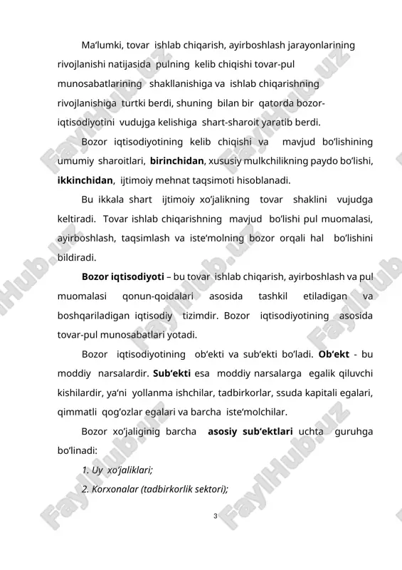 foyda olishni maqsad qilib qo’ygan, asosan iqtisodiyotni tartibga har xil byudjet tashkilotlari va muassasalari sifatida namoyon bo’ladi. bank – iqtisodiyotning me‘yoriy amal qilishi uchun zarur bo’lgan pul massasi harakatini tartibga solib turuvchi moliya-kredit muassasasidir. bozor iqtisodiyotini to’rtta iqtisodiy mexanizm tartibga solib turadi: 1. narx; 2. talab; 3. taklif; 4. raqobat. bozor xo’jaligi sub‘ektlari o’zaro aloqasining umumiy modelini (nusxasini) quyidagicha tasvirlash mumkin: bank → ← davlat uy xo’jaligi ← korxona (firma) bozor iqtisodiyotining muhim va umumiy belgilari quyidagilardan iborat: 1. turli shakllardagi mulkchilik va xususiy mulkning ustuvorligi; 2. tadbirkorlik va tanlov erkinligi; 3. raqobat kurashining mavjudligi; 4. davlatning iqtisodiyotga aralashuvining cheklanganligi; 5. korxona va firmalarning ichki va tashqi shart-sharoitlar o’zgarishlariga moslashuvchanligidir. bozor iqtisodiyotining taraqqiyotini ikki turga ajratib ko’rsatish mumkin. birinchisi, klassik yoki sof bozor iqtisodiyoti bo’lib, g’arbdagi rivojlangan mamlakatlarda xix asrning oxirlariga davom etgan. uning asosiy belgilari quyidagicha bo’lgan: 1. xususiy mulkchillikka asoslagan holda iqtisodiy faoliyat yuritish; 2. kapital va ishlab …