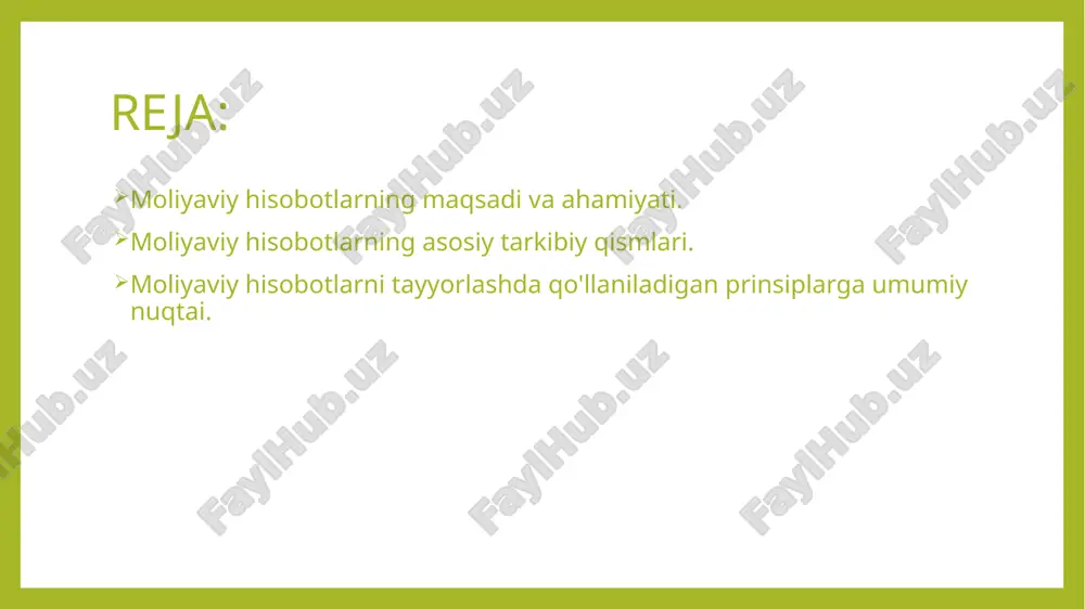 ar hisobi kompaniyaning ma'lum davr ichidagi daromadlari, xarajatlari, foydasi yoki zararini ko'rsatadi. bu hisobot kompaniyaning moliyaviy samaradorligini va iqtisodiy holatini baholashda muhim ahamiyatga ega. naqd pul oqimi hisobi kompaniyaning naqd pul kirimlari va chiqimlarini ko'rsatadi. bu hisobot kompaniyaning likvidlik holatini baholash, naqd pulni boshqarish va moliyaviy barqarorligini ta'minlashda yordam beradi. vaziyat o'zgarishlari hisobi kompaniyaning egalar kapitalining davr mobaynida qanday o'zgarganligini ko'rsatadi, ya'ni aksiyalar chiqarilishi, dividendlar to'lanishi va boshqa o'zgarishlar haqida ma'lumot beradi. moliyaviy hisobotlar ko'pincha qo'shimcha izohlar bilan taqdim etiladi, bu yerda kompaniya moliyaviy natijalari va hisoboti haqida tushuntirishlar beriladi. izohlar moliyaviy ko'rsatkichlarni to'liqroq tushunishga yordam beradi va hisobotning aniqligini ta'minlaydi. balans hisoboti kompaniyaning aktivlari va majburiyatlarini ko'rsatadi, bu kompaniyaning moliyaviy resurslari va qarzlarining umumiy hajmini aks ettiradi. aktivlar kompaniyaning iqtisodiy resurslarini, majburiyatlar esa uning qarzlarini va boshqa moliyaviy majburiyatlarini ifodalaydi. kapital, o'z navbatida, kompaniya egalarining mablag'larini va kompaniyaning o'z mablag'laridan tashkil topgan moliyaviy resurslaridir. foyda va zarar hisobi kompaniyaning …