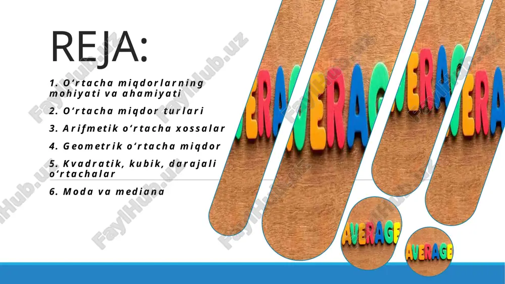 ir-biriga qо‘shib, olingan yig‘indini ularning soniga (ya’ni qator variantlari soniga) bо‘lish yо‘li bilan aniqlanadi bu yerda:  -yig‘indi belgisidir. x – belgining n miqdorlari; n – tо‘p lam hajmi (о‘rganilayotgan belgilar soni). tortilgan arifmetik о‘rtacha tortilgan arifmetik о‘rtacha – о‘rtalashtirilayotgan miqdorlarni ularning tо‘plamda uchrashish soni bilan tortib olib hisoblangan о‘rtachadir. agar x belgining n miqdorlari x1, x2, ....., xn yoki xi (i=1,n) mos tartibda f1, f2, ....., fn yoki fi (i=1,n) martadan kuzatilgan bо‘lsa, о‘rtacha arifmetik miqdorning umumiy ifodasi. bunday hollarda o‘rtacha miqdorlar tortqichli arifmetik o‘rtacha usulida quyidagi amallar ketma-ketlikda bajariladi: 1. o’rtachalashtirilayotgan har bir yakka miqdorlar (x), takrorlanish soniga (tortqichiga, vazniga, f) ko’paytiriladi = xf. 2. yakka miqdor (belgi) va tortqich (vazn – f) ko’paytmasi qo’shilib, yig’indisi aniqlanadi =∑ xf. 3. tortqichlar (vaznlar – f) yig’indisi ham aniqlanadi =∑f. 4. so’ngra miqdorlar yig’indisi (∑xf), tortqichlar yig’indisiga bo’linadi: х̅ = ∑ 𝑥𝑓/∑ 𝑓 . shunday qilib, tortqichli (vaznli) arifmetik o’rtacha …