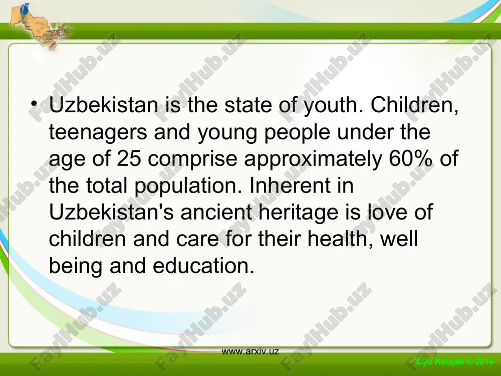 potential of the educational system and to modify our goals and activities in order to develop individuals who are capable to build and live in a democratic civil society and a free market economy. ziyo kelajak © 2014 www.arxiv.uz www.arxiv.uz these reforms, however, do not only reflect nationalistic aspiration. since securing independence, the uzbekistan nation realized its great responsibility as citizens of the international community and as citizens of our planet. therefore one of our main goals is to educate a healthy generation , both physically and mentally. the main principals of our new educational policy support this endeavor. our goals are determined as the following: humanistic, democratic methods of teaching and socialization, priority to human values , national and cultural traditions, and the separation of educational institutions from the influence of political parties and social and political movements . ziyo kelajak © 2014 www.arxiv.uz www.arxiv.uz ziyo kelajak © 2014 …