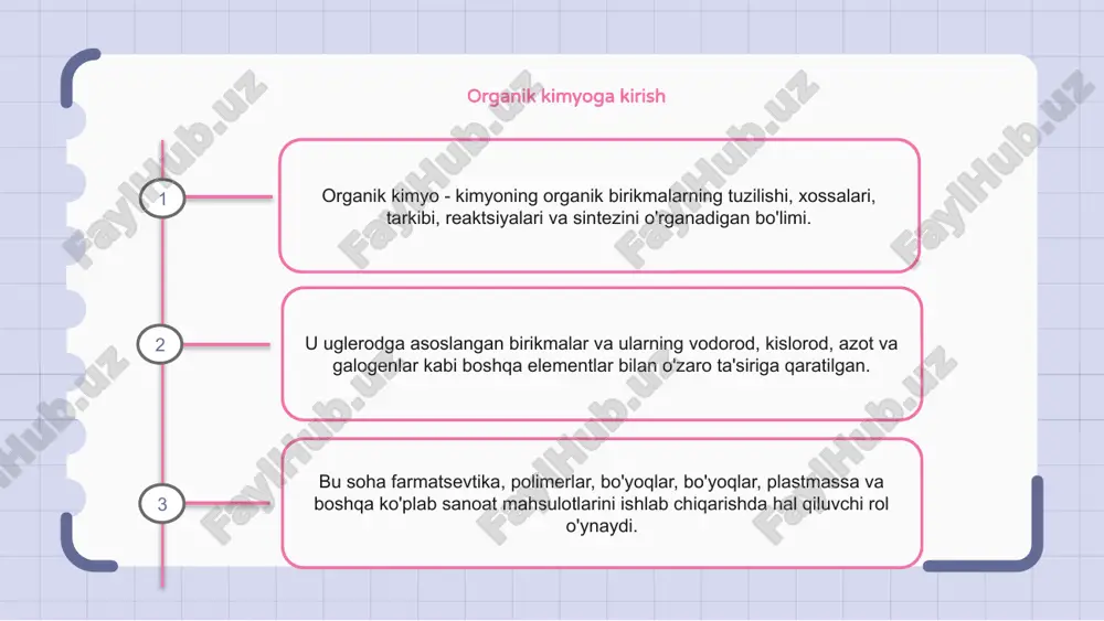 rioya qilishni o'z ichiga oladi. organik birikmalarni nomlash qoidalari molekuladagi atomlarning turi va joylashishiga bog'liq. ular alkanlar, alkenlar, alkinlar, aromatik birikmalar va funktsional guruhlarni nomlashni o'z ichiga oladi. murakkabni nomlash uchun avvalo molekuladagi eng uzun uzluksiz uglerod zanjiri bo'lgan ona zanjirini aniqlash kerak. u yerdan qo'shimcha guruhlar va o'rinbosarlar nomlanadi va mos ravishda raqamlanadi. organik kimyoviy bog'lanish organik kimyo - kimyoning organik birikmalarning tuzilishi, xossalari, tarkibi, reaktsiyalari va sintezini o'rganadigan bo'limi. organik kimyoviy bog'lanish deganda ikki yoki undan ortiq organik molekulalar o'rtasida hosil bo'lgan kimyoviy bog'lanish tushuniladi. bu bog'lanishlar odatda kovalent tabiatga ega, ya'ni ular atomlar o'rtasida elektron almashishni o'z ichiga oladi. organik kimyoda funktsional guruhlar funktsional guruhlar molekula ichidagi atomlarning kimyoviy xossalarini aniqlaydigan maxsus guruhlardir. organik kimyo bu funktsional guruhlar va ularning reaktsiyalarini o'rganadi. ba'zi umumiy funktsional guruhlarga gidroksil, karboksil va aminokislotalar kiradi. 1 2 3 organik birikmalardagi izomeriya organik birikmalardagi izomeriya - bu birikmalar bir xil molekulyar formulaga …