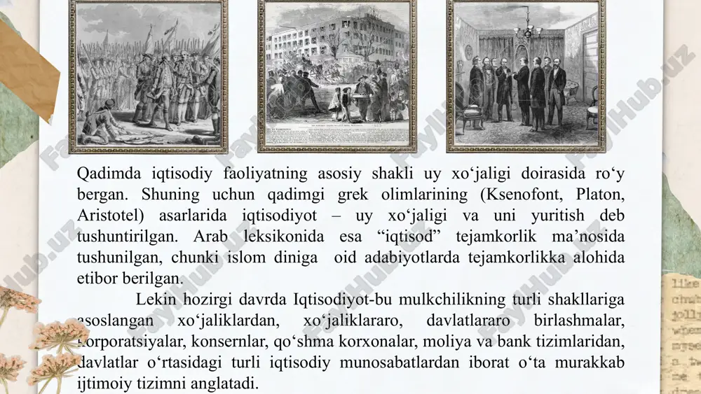 arga bo‘lgan iqtisodiy qarashlar evolyusiyasi, iqtisodiy g‘oya va nazariyalarning shakllanish, rivojlanish qonuniyatlari va ularning almashinuvining tarixiy jarayoni hisoblanadi. iqtisodiy ta’limotlarning vujudga kelishi va rivojlanishi tahlili yozuv ixtiro qilingan quldorlik davrdan boshlab ijtimoiy taraqqiyotning barcha tarixiy jarayonlarini, barcha tarixiy davrlarni o‘z ichiga oladi. iqtisodiy ta’limotlar, tarixiy rivojlanish jarayoniga muvofiq tarzda o‘rganiladi. shu bilan birga, bir narsani qayd qilib o‘tish kerakki, iqtisodiy ta’limotlar tarixi zamonaviylikka yo‘naltirilgan. “iqtisodiy ta’limotlar tarixi” fanini o‘rgangach, iqtisodchi mutaxassislar, eng avvalo, jahon iqtisodiyoti va milliy iqtisodiyot rivojlanishining ob’ektiv qonunlarining mohiyatini ochib berish, muqobil xo‘jalik qarorlarini asoslab berish va keyinchalik ularni amalga oshirishda ijobiy yondashish uchun zarur bo‘lgan o‘zlarining tadqiqot mahoratlarini oshiradilar. iqtisodiy ta’limotlar tarixi quyidagi bir qator progressiv uslublarga asoslanadi: o‘tmishdagi iqtisodiy qarashlarni o‘rganishda abstrakt va konkretlikni ajratish; har qanday tadqiqotning asosi uslubi sifatidagi dialektika, induksiya va deduksiya, analiz va sintez; iqtisodiy nazariya va amaliyot o‘rtasidagi o‘zaro bog‘liqlikning tahlili, iqtisodiy ta’limotlardagi umumiylik, yagona va alohidalikni aniqlash “iqtisodiy ta’limotlar …