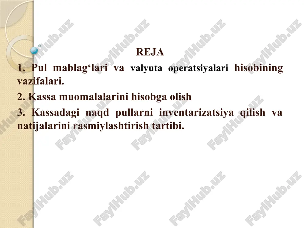 ing but saqlanishi uchun to‘liq moddiy javobgar hisoblanadi. kassirning ishga tayinlanganligi to‘g‘risida buyruq chiqarilganidan so‘ng, tashkilot rahbari kassirni ushbu qoidalar bilan tanishtiradi va u bilan to‘liq moddiy javobgarlik to‘g‘risida shartnoma tuzadi. kassir o‘ziga topshirilgan ishni boshqa shaxslarga ishonib topshirishi taqiqlanadi. 3. kassadagi naqd pullarni inventarizatsiya qilish va natijalarini rasmiylashtirish tartibi. kassir moddiy javobgarlik to‘g‘risida tuzgan shartnomasiga muvofiq, o‘zi qabul qilgan barcha boyliklarni but saqlashi, qilgan hatti-harakatlari natijasida, ya’ni o‘z vazifalariga sovuqqonlik yoki nohalollik bilan qarash oqibatida xo‘jalik yurituvchi sub’ektga etkazilgan har qanday zarar moddiy uchun javob beradi. kassirning ishlov berilgan hisoboti asosida buxgalteriyada 5000-“kassa” hisobvarag‘ining krediti bo‘yicha 1 - jurnal-orderda va 5000- “kassa” schyot debeti bo‘yicha 1- vedomostda kassa muomalalarining hisobi yuritiladi. 4. banklarda hisob-kitob schyotlarini ochish tartibi. 5. naqd pulsiz hisob-kitoblarni tashkil etish shakllari банк ҳисобварағи турлари субъект давлат рўйхатидан ўтганидан сўнг биринчи марта миллий валютада очган талаб қилиб олингунча депозит ҳисобварағи унинг асосий ҳисобварағи ҳисобланади. хўжалик юритувчи субъект …