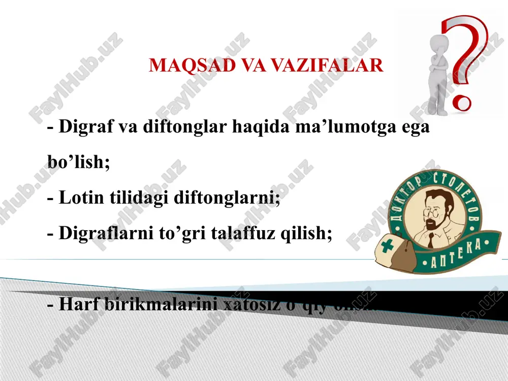 o’t pufagi tanasi peronaeus – kichik boldir suyagiga tegishli uropo ё ticus – siydik ishlab chiqaruvchi oedema – shish digraflar ch- nucha – bo’yin ph – pharynx – halqum th – thorax – ko’krak qafasi rh – rhaphe – chok yunon tilidan kirib kelgan ch, ph, th, rh – digraflari va ularning beradigan tovushlari ch – [x] – chóle, chórdа ph – [f] – phálаnx, diаphrágmа rh – [r] – rheumаtísmus, rhinоrrhаgíа th – [t] – thrómbus, therаpíа harf birikmalar ngu “kv” aqua – [akva] qu unlilar oldida “ngv” o’qiladi lingua – [lingva] undoshlar oldida “ngu” o’qiladi angulus – [angulus] harf birikmalar ti unlilar oldidan “tsi” o’qiladi solutio – [solutsio] undoshlar oldida “ti” o’qiladi tibia – [tibia] x, s harflaridan keyin “ti” o’qiladi mixtio – [mikstio] harf birikmalar su unlilar oldidan “sv” o’qiladi suavis – [svavis] undoshlar oldida “su” o’qiladi sulcus – [sulkus] digraflar va harf birikmalarining talaffuziga e’tibor berib …