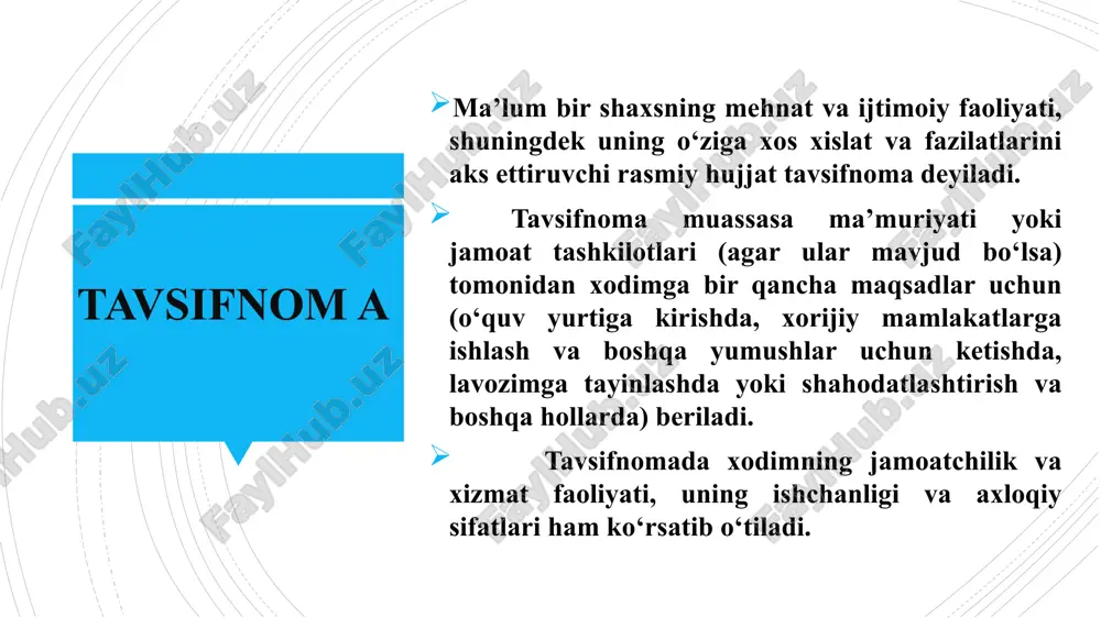sadida beriladi. 2. muassasa ma’muriyat yoki ayrim shaxs tomonidan tuzilishi mumkin 3. muhr qo‘yilmaydi 4. tavsiyanoma berilayotgan shaxsning ijobiy xislatlari aytilib kelajakda yuklatilgan vazifani uddalashiga ishonch bildiriladi. tavsiyanoma va tavsifnomaning o‘xshashliklari shaxsning xislatlarini aks ettiradi lavozimiga tayinlash uchun beriladi 1-topshiriq. tavsifnoma va tavsiyanomaning farqlarini toping. tarjimayi holda barcha ma’lumotlar davriy ketma-ketlikda beriladi. hamma raqamlar arab raqamlarida berilishi talab etiladi. matnni bayon qilish shakli hikoya usulida bo‘lib, birinchi shaxs tilidan berilishi kerak. ma’lumotlar aniq sanalar bilan keltirilishi kerak. tarjimayi hol yozayotgan shaxsning ixtiyoriga qarab mufassal yoki muxtasar tarzda ota-ona haqida ham ma’lumot berishi mumkin. tarjimayi hol mustaqil ravishda muallif tomonidan tuziladigan hujjat, uni muallifning o’zi yozishi kerak. 1. hujjatning nomi (tarjimayi hol) 2. matn: a) muallif familiyasi, ismi va otasining ismi; b) tug‘ilgan yil, kun, oy va tug‘ilgan joyi; c) millati, ijtimoiy kеlib chiqishi; d) ota-onasi haqida qisqacha ma’lumot (familiyasi, ismi va otasining ismi va ish joyi) e) ma’lumoti (qayеrda, qanday …