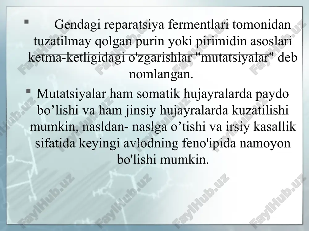 sinukleotid dnkga kelib qo'shiladi yoki chiqib ketsa, bunday mutatsiyalar o'zidan keyingi kodonlarining o'qilish tartibini buzmaydi. hosil bo'ladigan oqsil mahsulotida mutatsiya sohasiga mos joyda qaysidir bitta yoki bir nechta aminok­islotalar tushib qolgan bo'ladi yoki, aksincha, qo'shimcha bir yoki bir nechta aminokislotalar paydo bo'lib qoladi oqsillar polimorfizmi qon guruhlari xarakteristikasi eritro'sit antigcnlari yo'q a v ab genotip 00 aa yoki ao bb yoki b0 ab qon zardobidagi antitanachalar anti-a va anti-b anti-b anti-a yo'q qon guruhi 0(1) a (ii) v (iii) ab (iv) chastota (%) 45 40 10 5 hozirgi vaqtda hujayra o'limining 2 turi farqlanadi: nekroz va apoptoz. nekroz hujayra o'limining eng ko'p uchraydigan nospetsifik shakli bo'lib, hujayraning turli xil og'ir darajali shikastlanishi bi­lan bog'liq bo'lishi mumkin. apoptoz (yunonchadan olingan bo'lib, "xazonrezgi" degan ma'noni anglatadi) — bu hujayraning genetik dasturlashtirilgan va boshqariladigan o'limi bo'lib, hujayraning bo'laklarga parchalanishi bilan kechadi, organizm uchun destruktiv bo'lmagan ichki va tashqi signallar ta'sirida sodir bo'ladi. nekrozda …