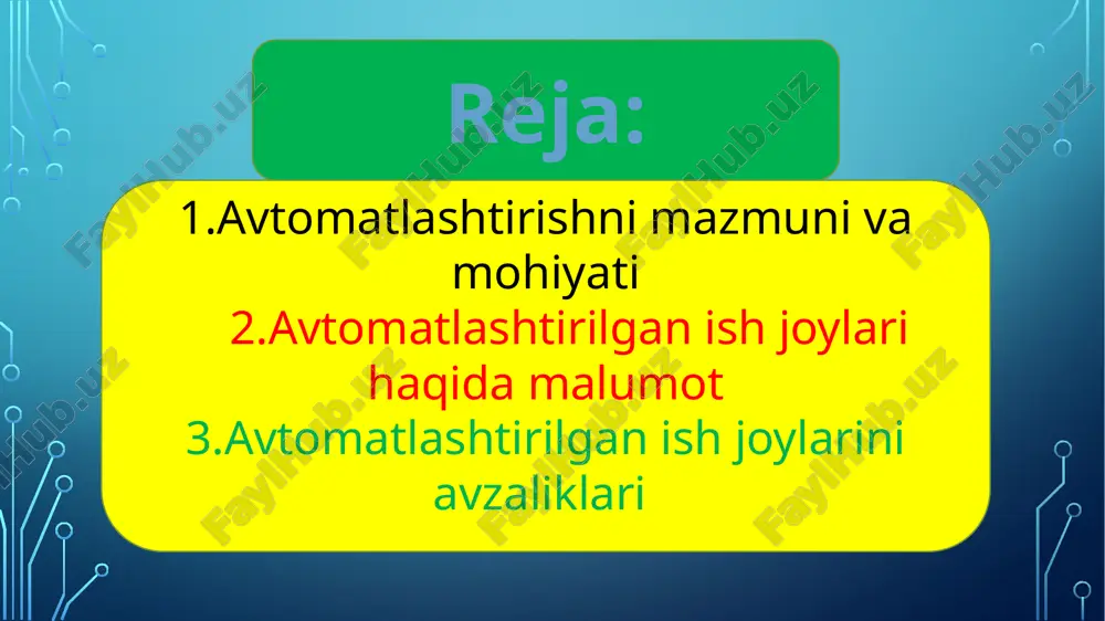 va ahborot tehnologiyalari, sun’iy intellekt, boshqaruv nazariyasi, mikroprotsessorli tehnika va elektron tehnika sohasidagi ohirgi yutuqlarni qo’llaydigan malakali mutahassislarsiz tasavvur qilish qiyin. zamonaviy ishlab chiqarish jarayoni ahborotlashuvining yuqori darajasi avtomatlashtirish va boshqarish sohalarida professionallarga bo’lgan katta extiyojning kafolati hisoblanadi. texnalogik jarayonlarini avtomatlashtirish dasturli ta’minot chizma-tehnika obyektli-yo’naltirish operatsiyalar tehnologik jarayonlar ishlab chiqish tehnologiyalari loyihalar ptimallashtirish zamonaviy kompyuterlar asosida yangi informatsion texnologiyalar yaratilmoqdaki, u zamonaviy ish yuritishning ,,qog'ozsiz» usuli, ,,elektron pochta", mashina grafikasi, optik disklar orqali ilgari mavjud bo'lgan alohida informatsion texnologiya vositalarini birlashtirish va ularni yuqori moslashuvchanlik xususiyati bilan ta'minlash imkonini beradi. avtomatlashtirilgan ish joylarini avzaliklari 1 2 3 4 tezlikning yuqoriligi 5 6 vaqtning tejalishi sifat va unumlidorligi oshishi imkoniyatni ko’payishi inson ishtiroki kamligi ishlab chiqarish yengilanishi mashinalashtirilgan ishlab chiqarishni nazorat qilish va boshqarish ishlarini avtomatik qurilmalar zimmasiga yuklash; ich. ni mexanizatsiyalashtirishning yuqori bosqichi. fan va texnika taraqqiyotinnng asosiy yoʻnalishlaridan biri. mehnat unumdorligi, maqsulot sifati, mehnat madaniyati va b. omillar i.ch …