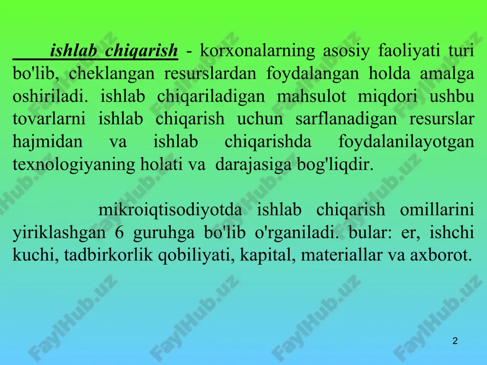 n o'ngroq va yuqoriroqda joylashgani uchun unga to'g'ri keladigan ishlab chiqarish hajmi q2 nikidan ko'proq. q2 izokvanta esa q1 ga nisbatan o'ngroq va yuqoriroqda joylashgani uchun unga to'g'ri keladigan ishlab chiqarish hajmi q1 nikidan ko'proq. demak, izokvantalar chapdan o'ngga va yuqoriga qarab joylashib borsa, ularga to'g'ri keladigan ishlab chiqarish hajmi ham mos holda oshib boradi. grafikdagi izokvantalar uchun q1<q2<q3 deb yozishimiz mumkin. * maъlum vaqt oralig'ida jami ishlab chiqarilgan mahsulotni umumiy mahsulot desak, o'rtacha mahsulot -umumiy mahsulotni ushbu mahsulotni ishlab chiqarish uchun sarflangan o'zgaruvchan ishlab chiqarish omillari sarfiga nisbati bilan aniqlanadi. bu erda: q- umumiy mahsulot miqdori; ap - o'rtacha mahsulot; f -sarflangan resurslar. chekli mahsulot - bu o'zgaruvchan resurslar kombinatsiyasini kichik miqdorda qo'shimcha sarfi hisobidan umumiy mahsulotning o'sgan qismiga aytiladi. masalan, ishlab chiqarishda bitta omil, yaъni faqat mehnat saflansa chekli mahsulot quyidagicha aniqlanadi: q qo'shimcha birlik mehnat sarfi (l) hisobiga ishlab chiqarilgan qo'shimcha mahsulot miqdori. * omillar mahsuldorligining kamayish …