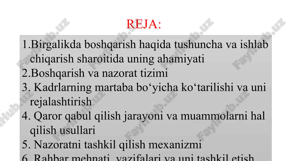 sida qabul qilinadi. shuning uchun har qanday munosabatlarga komanda me’yorlari va qadriyatlari xos bo‘lishi uchun, kamida yana bir a’zo (uchunchi a’zo) mavjud bo‘lishi zarur. komanda sonining yuqori chegarasi 12 kishidan osha olmaydi. chunki oddiy odamning sensorlik imkoniyatlari bir vaqt ichida o‘ntagacha boshqa odamlar bilan bo‘lgan aloqalarni nazorat ostida ushlashga qodir. shunga qaramay komanda soni me’yoridan oshiq bo‘lsa, quyidagi oqibatlar kelib chiqishi mumkin: komanda tarkibi o‘zgaruvchan bo‘lib qoladi (doim kimdir komandadan chiqib, kimdir kiraveradi); katta komanda ichida bir yoki ikki guruh paydo bo‘ladi; komandaning butuniyligi yo‘qoladi. atrof-muhit bilan komandaning tashqi munosabatlarida birlik bo‘lmaydi. kadrlarning martaba bo‘yicha ko‘tarilishi va uni rejalashtirish ilg‘or korxonalarda xodimning ishdagi o‘sishi uning o‘z vazifalari doirasini qanchalik yaxshi bajarishi va komanda a’zosi sifatida qanchalik muvaffaqiyatli ishlashiga qarab amalga oshiriladi. oliy ma’lumotli xodim ishlab chiqarish muammolarini hal qilishda muvaffaqiyatli qatnashish, o‘z malakasini oshirish, keng doirada ixtisoslik va mehnat mahoratlarini egallash uchun oliy ma’lumot 111 olmagan xodimga qaraganda boshidanoq ancha …