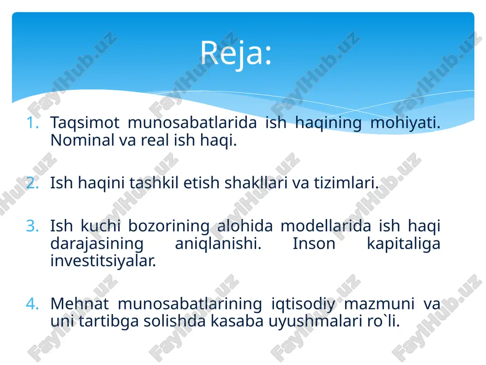 sh haqi ishlab chiqarilgan mahsulot miqdori yoki bajarilgan ishning hajmiga qarab belgilanadi. bunda ish haqi ishning davomiyligiga, ya`ni ishlangan vaqtga qarab to`lanadi. vaqtbay ish haqi qo`llaniladi. mehnatning natijalarini aniq hisoblab bo`lmaydigan sohalarda; mahsulot ishlab chiqarish hajmi bevosita xodimlar mehnatiga bog`liq bo`lmagan, ya`ni texnologik jarayonlarning borishi bilan belgilanadigan sohalarda. masalan, konveyrli va avtomat liniyali ishlab chiqarishda; lavozimdagi yoki aniq xizmat vazifasini bajaruvchilar uchun. masalan, muhandis – texnik xodimlar, turli darajadagi boshqaruvchilar, xizmatchilar va boshqa shu kabilarga ish haqi to`lashda. ishbay ish haqi to`lashda ish haqi miqdori (v) ayrim kasb (mehnat turlari) lar ta`rif stavkasida belgilangan haqini (vts) ishlab chiqarishning me`yorlashtirilgan hajmiga (qm) bo`lish orqali mahsulot birligi ratsenkasi (mrats) aniqlab olinib, keyin u ishlab chiqarishning umumiy hajmi (q)ga ko`paytiriladi: mrats = -------------- v = mrats x q vtc qm ish haqi to`lashning aniq mehnat sharoitlarini hisobga olib, qo`llaniladigan turlari ish haqi tizimini tashkil qiladi. ish bay ish haqi 1. oddiy ish bay …