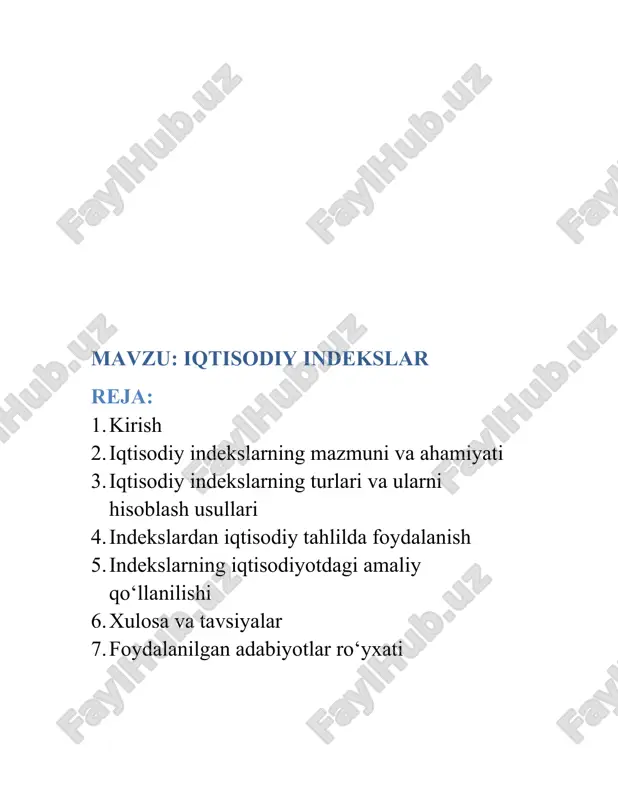 atni tahlil qilishda ishlatiladi. indekslar dinamik ko‘rsatkichlar sifatida vaqt o‘tishi bilan sodir bo‘ladigan o‘zgarishlarni baholaydi. ular iqtisodiyotdagi muvozanatni kuzatish, siyosiy qarorlar samaradorligini o‘lchash va ishlab chiqarish hajmini rejalashtirishda asosiy manba hisoblanadi. indekslar yordamida iqtisodiy hodisalar o‘rtasidagi nisbiy o‘zgarishlar, inflyatsiya darajasi, ishlab chiqarish samaradorligi, aholi daromadlari va narxlarning o‘zgarishlari aniqlanadi.iqtisodiy indeks — bu iqtisodiy ko‘rsatkichlarning o‘zgarish darajasini aniqlovchi va solishtirish imkonini beruvchi nisbiy miqdor. masalan, narx indekslari, ishlab chiqarish indekslari, mehnat unumdorligi indekslari iqtisodiyotdagi harakatni tahlil qilishda ishlatiladi. indekslar dinamik ko‘rsatkichlar sifatida vaqt o‘tishi bilan sodir bo‘ladigan o‘zgarishlarni baholaydi. ular iqtisodiyotdagi muvozanatni kuzatish, siyosiy qarorlar samaradorligini o‘lchash va ishlab chiqarish hajmini rejalashtirishda asosiy manba hisoblanadi. indekslar yordamida iqtisodiy hodisalar o‘rtasidagi nisbiy o‘zgarishlar, inflyatsiya darajasi, ishlab chiqarish samaradorligi, aholi daromadlari va narxlarning o‘zgarishlari aniqlanadi.iqtisodiy indeks — bu iqtisodiy ko‘rsatkichlarning o‘zgarish darajasini aniqlovchi va solishtirish imkonini beruvchi nisbiy miqdor. masalan, narx indekslari, ishlab chiqarish indekslari, mehnat unumdorligi indekslari iqtisodiyotdagi harakatni tahlil qilishda ishlatiladi. …