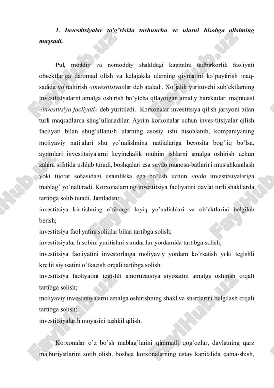 it siyosatini o’tkazish orqali tartibga solish; investitsiya faoliyatini tegishli amortizatsiya siyosatini amalga oshirish orqali tartibga solish; moliyaviy investitsiyalarni amalga oshirishning shakl va shartlarini belgilash orqali tartibga solish; investitsiyalar himoyasini tashkil qilish. korxonalar o’z bo’sh mablag’larini qimmatli qog’ozlar, davlatning qarz majburiyatlarini sotib olish, boshqa korxonalarning ustav kapitalida qatna-shish, birgalikda o’zaro manfaatli loyihalarni amalga oshirish kabi yo’nalish-larga sarf qilishlari mumkin. yuqorida keltirilgan holatlar xo’jalik yurituvchi sub’ektlarda investi-tsiyalar hisobini yuritishga bevosita o’z ta’sirini o’tkazadi. respublikamizda korxonalarning investitsiyalar qilish bilan bog’liq xo’jalik muomalalari hisobi asosan buxgalteriya hisobining «moliyaviy qo’yilmalar hisobi» deb nomlangan 12-sonli buxgalteriya hisobining milliy standarti vositasida yuritiladi. shu bilan birgalikda, investitsiyalardan tushgan daromadlarni tan olish, sho’’ba korxo-nalarga investitsiyalar qilish, birgalikdagi faoliyatga qilingan investitsiyalarni hisobga olish kabi ayrim xo’jalik muomalalari esa, «asosiy xo’jalik faoliya-tining daromadlari» deb nomlangan 2-sonli, «konsolidatsiyalashgan moliyaviy hisobotlar va sho’’ba korxonalarga qilingan investitsiyalar hisobi» deb nomlangan 8-sonli buxgalteriya hisobining milliy standartlari yordamida tartibga soli-nadi. buxgalteriya hisobining xalqaro vamilliy standartlari talablariga …
