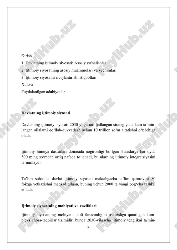 oshirish, aholini dori-darmonlar bilan ta’minlash va sanitariya-epidemiologiya nazoratini kuchaytirishga qaratilgan. aholini ijtimoiy himoya qilish tizimi davlat pensiya ta’minoti tizimi uch bosqichli bo’lib, unda minimal pensiya miqdori mehnatga layoqatsiz fuqarolarni qo’llab-quvvatlashga qaratilgan. nogironligi bo’lgan shaxslarni ijtimoiy himoya qilish dasturlari tibbiy-ijtimoiy ekspertiza xulosasiga ko’ra, nafaqalar va reabilitatsiya xizmatlarini o’z ichiga oladi. kam ta’minlangan oilalarga moddiy yordam ko’rsatish “ijtimoiy himoya yagona reyestri” orqali amalga oshiriladi, bunda oilaning daromadi inobatga olinadi. ta'lim sohasidagi davlat siyosati ta’lim sohasidagi davlat siyosati '2017-2021 yillarda o'zbekistonni rivojlantirishning beshta ustuvor yo'nalishi'da belgilangan vazifalarni amalga oshirishga qaratilgan. oliy ta’lim muassasalarining avtonomiyasini kengaytirish, xalqaro standartlarga moslashish va kadrlar tayyorlash sifatini oshirish strategik maqsad hisoblanadi. maktabgacha ta’lim qamrovini 2021-yilga kelib 70% ga yetkazish, inklyuziv ta’limni rivojlantirish va o’quv jarayonini zamonaviylashtirish asosiy vazifalardandir. sog'liqni saqlash sohasidagi davlat siyosati davlat sog'liqni saqlash siyosati 2024-yilda tibbiy sug'urta qamrovini kengaytirishni maqsad qilib, aholining kamida 85 foizini ushbu xizmat bilan ta'minlashni rejalashtirmoqda. ona va bola salomatligini mustahkamlash …