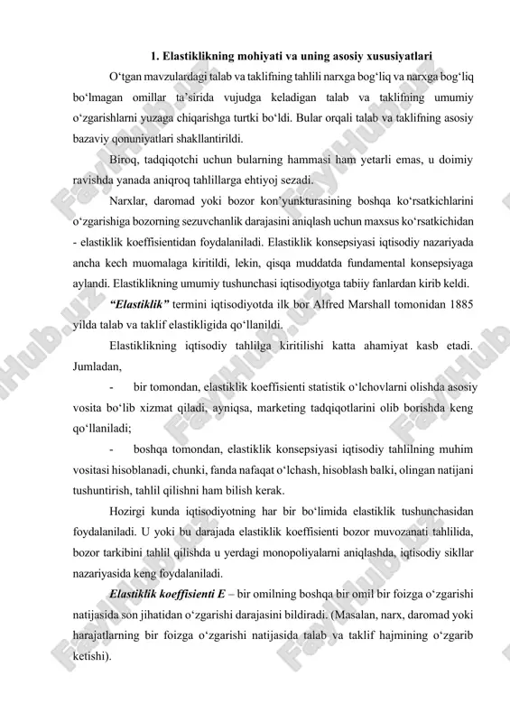 ikllar nazariyasida keng foydalaniladi. elastiklik koeffisienti e – bir omilning boshqa bir omil bir foizga o‘zgarishi natijasida son jihatidan o‘zgarishi darajasini bildiradi. (masalan, narx, daromad yoki harajatlarning bir foizga o‘zgarishi natijasida talab va taklif hajmining o‘zgarib ketishi). bir o‘zgaruvchining boshqa bir o‘zgaruvchi ta’siri ostida o‘zgarishini o‘lchaydigan o‘lchov; aniqroq qilib aytganda, biror a o‘zgaruvchining bir foizga o‘zgarishi natijasida boshqa bir b o‘zgaruvchining ma’lum foiz miqdorga o‘zgarishini ko‘rsatadigan sondir. ; a o‘zgaruvchining foizdagi o‘zgarishi b o‘zgaruvchining foizdagi o‘zgarishi ko‘rib o‘tilayotgan omillar o‘rtasidagi bog‘liqlik to‘g‘ridan-to‘g‘ri yoki qarama-qarshi bo‘lishi mumkin. to‘g‘ridan-to‘g‘ri bog‘liqlik – (ijobiy koeffisient) bunda bir omilni o‘sib borishi boshqa bir omilni oshib borishiga turtki bo‘ladi. masalan, iste’molchining daromad lari oshib borsa, talab elastikligi ham ortib boradi. qarama-qarshi bog‘liqlik – (salbiy koeffisient) bunda bir omilning ortib borishi boshqa bir omilni yo‘q bo‘lib ketishiga olib keladi. masalan, daromad bo‘yicha talab elastikligining ortib borishi natijasida birmuncha pastroq darajadagi tovarlarning yo‘q bo‘lib ketishiga olib keladi. barcha …