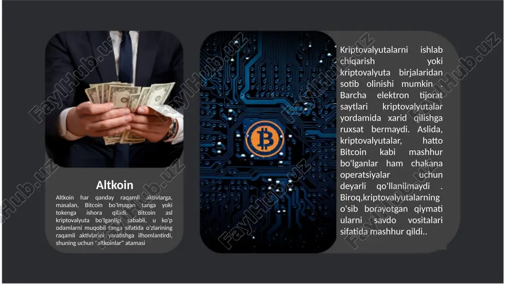 bu mit/x11 litsenziyasi ostida chiqarilgan peer-to-peer kriptovalyuta va ochiq kodli dasturiy ta'minot loyihasi. litecoin 2011-yil oktabr oyida boshlangan bitkoinlarning dastlabki spinoffi yoki altkoin edi. texnik tafsilotlarda litecoin bitcoin bilan deyarli bir xil. 6 ethereum ethereum - bu aqlli kontrakt funksiyasiga ega markazlashtirilmagan , ochiq manbali blokcheyn . eter ( eth yoki ξ ) - bu platformaning mahalliy kriptovalyutasi . kriptovalyutalar orasida eter bozor kapitallashuvi bo'yicha bitcoindan keyin ikkinchi o'rinda turadi. ethereum 2013 yilda dasturchi vitalik buterin tomonidan ishlab chiqilgan. ethereumning qoʻshimcha asoschilari orasida gavin vud , charlz xoskinson , entoni di iorio va jozef lubin bor edi. 2014 yilda kraudfanding rivojlantirish ishlari boshlandi; 2015-yil 30-iyulda ishga tushdi. ethereum har kimga unga doimiy va oʻzgarmas markazlashtirilmagan ilovalarni joylashtirish imkonini beradi, ular bilan foydalanuvchilar oʻzaro muloqot qilishlari mumkin. virtual valyuta virtual valyuta yoki virtual pul , asosan tartibga solinmagan va chiqarilgan va odatda ishlab chiquvchilar tomonidan nazorat qilinadigan va ma'lum bir virtual …