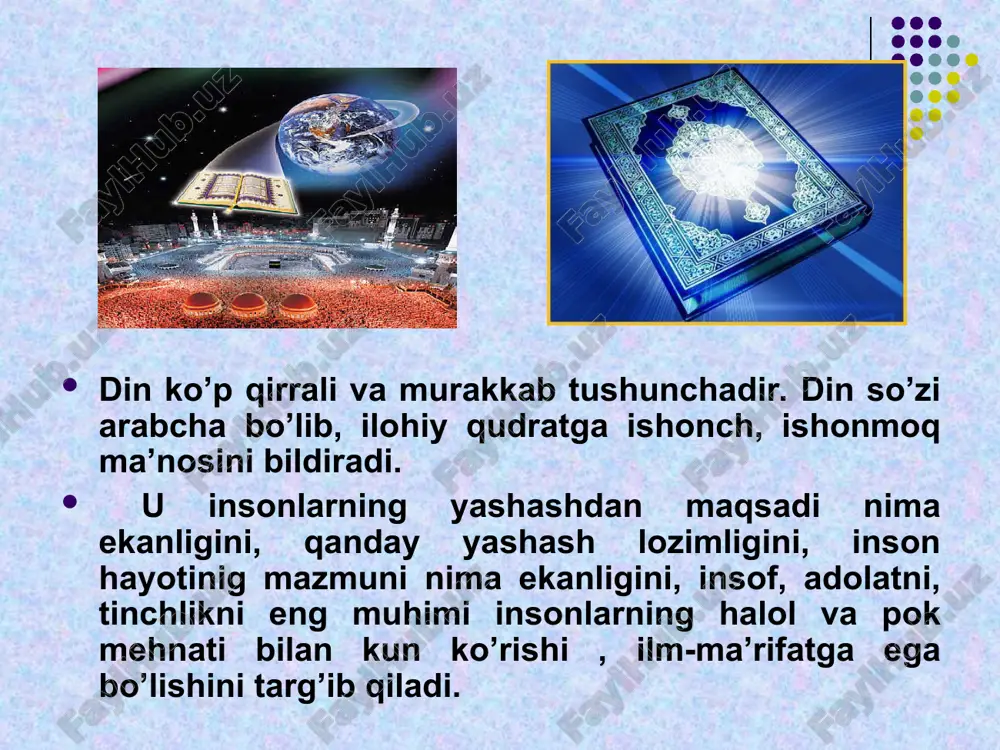 gan. 1.keyingi yillarda davlat bilan diniy tashkilotlar o’rtasidagi o’zaro munosabatlarda juda katta o’zgarishlar sodir bo’lmoqda. dinning jamiyatdagi o’rni tiklanmoqda. diniy uyushma va tashkilotlarning faoliyat ko’rsatishlariga imkoniyat yaratilmoqda. qator tarixiy obidalar diniy tashkilotlar ixtiyoriga o’tkazildi, yangi masjidlar ochilmoqda. diniy tashkilotlarning xalqaro aloqalari kun sayin kengaymoqda. 2.o’zb. res.konsutitsiyasi 31-moddasida «hamma uchun vijdon erkinligi kafolatlanadi. har bir inson hohlagan dinga e’tiqod qilishi yoki hech qaysi dinga e’tiqod qilmaslik huquqiga ega. diniy qarashlarni majburan singdirishga yo’l qo’yilmaydi» deyilgan. buning isbotini amalda ko’rmoqdamiz. vijdon erkinligi omillarini tiklash va unga og’ishmay amal qilish davr, kundalik hayot talabi va zaruriyatidir. «vijdon erkinligi va diniy tashkilotlar to’g’risida» gi qonunni 1998-yilda yangi taxlilining qabul qilinishi bunga yana bir misoldir. hozirda res-da 14 turdagi konfessiyada 170 dan ortiq noislomiy diniy tashkilot faoliyat ko’rsatmoqda. 4ta diniy markaz – movaronnahr musulmonlar boshqarmasi; o’rta osiyo ruspravoslav cherkovi bosh-si; u.o.injil nasroniylar-baptislar markazi: u.o.yetti kun adventistlar cherkovi konfessiyalari bor. islom aqidalarining asosiy ibrat kitobi ahloqiy-huquqiy …