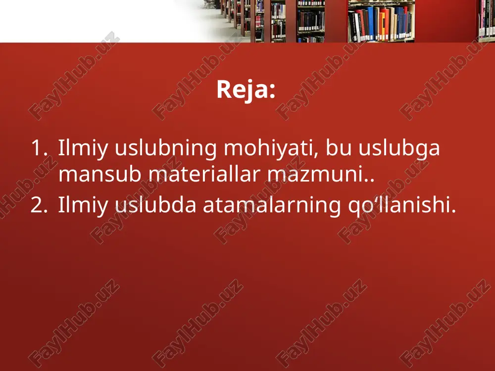 z; marjon qirg‘oq, panjarasimon qirg‘oq; oy o‘tovi, serostona daryo, patsimon bulutlar kabi terminlar ham aslida obrazli ifodalardan kelib chiqqan. albatta, ilmiy uslubdagi obrazlilik bilan badiiy adabiyotdagi obrazlilik farqlanadi. ilmiy uslubda obrazli nomlar faqat nominativ atash funksiyasini, badiiy adabiyotda esa estetik ta’sir ko‘rsatish vazifasini bajaradi. obrazlilik katigoriyasi agar ilmiy uslubda «so‘ngan, nursiz»holda ko‘rinsa, badiiy adabiyotda esa «jonli» tarzda namoyon bo‘ladi. masalan, uchar yulduz, somon yo‘li astronom uchun, avvalo, termin vazifasini o‘taydi, yozuvchi uchun esa bu so‘z birikmalari o‘xshatish yoki obrazli ifoda manbai bo‘lishi mumkin. odatda ilmiy uslubga mansub materiallar o‘z mazmuniga ko‘ra 2 turga bo‘linadi: 1.ilmiy tadqiqotlar. 2.ilmiy-ommabop asarlar. ilmiy tadqiqotlar biron-bir fan sohasidagi izlanishlarni qamraydi, uzoq yillar olib borilgan ijodiy mehnat samarasini ko‘rsatdi.masalan: oybekning «abdulla qodiriyning ijodiy yo‘li» , i.sultonning «navoiyning qalb daftari» , h.yoqubovning «adibning mahorati» kabi asarlar xudi shunday tadqiqotlardir. ilmiy ommabop asarlar hamma uchun tushunilishi qiyin bo‘lgan masalalarni sharhlaydi. bunday asarlarda iloji boricha murakkab atamalar qo‘llanmaydi. bu …